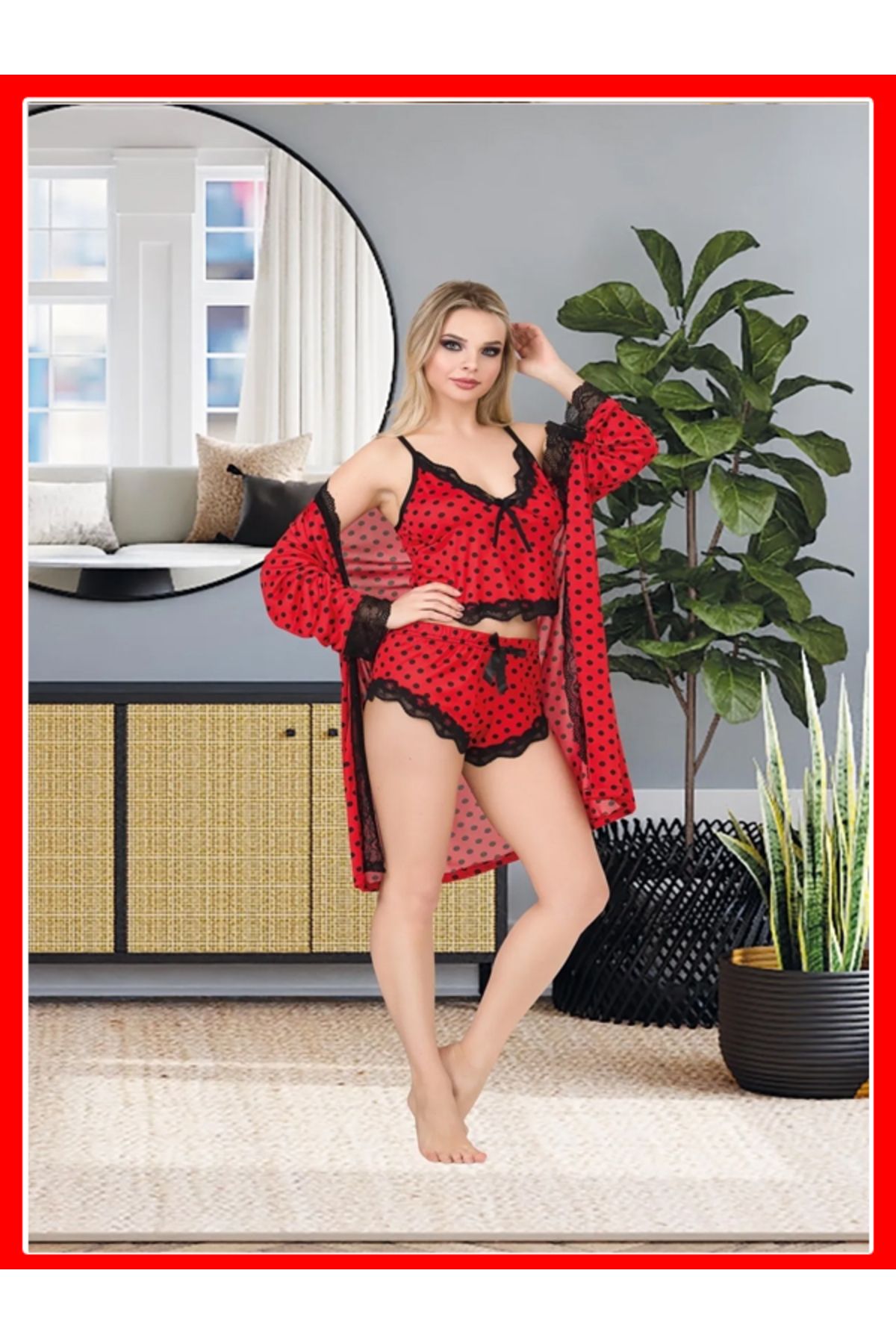 FırFır Store Kırmızı Siyah Puantiyeli Mini Şortlu i Askılı Şort Pijama Takımı
