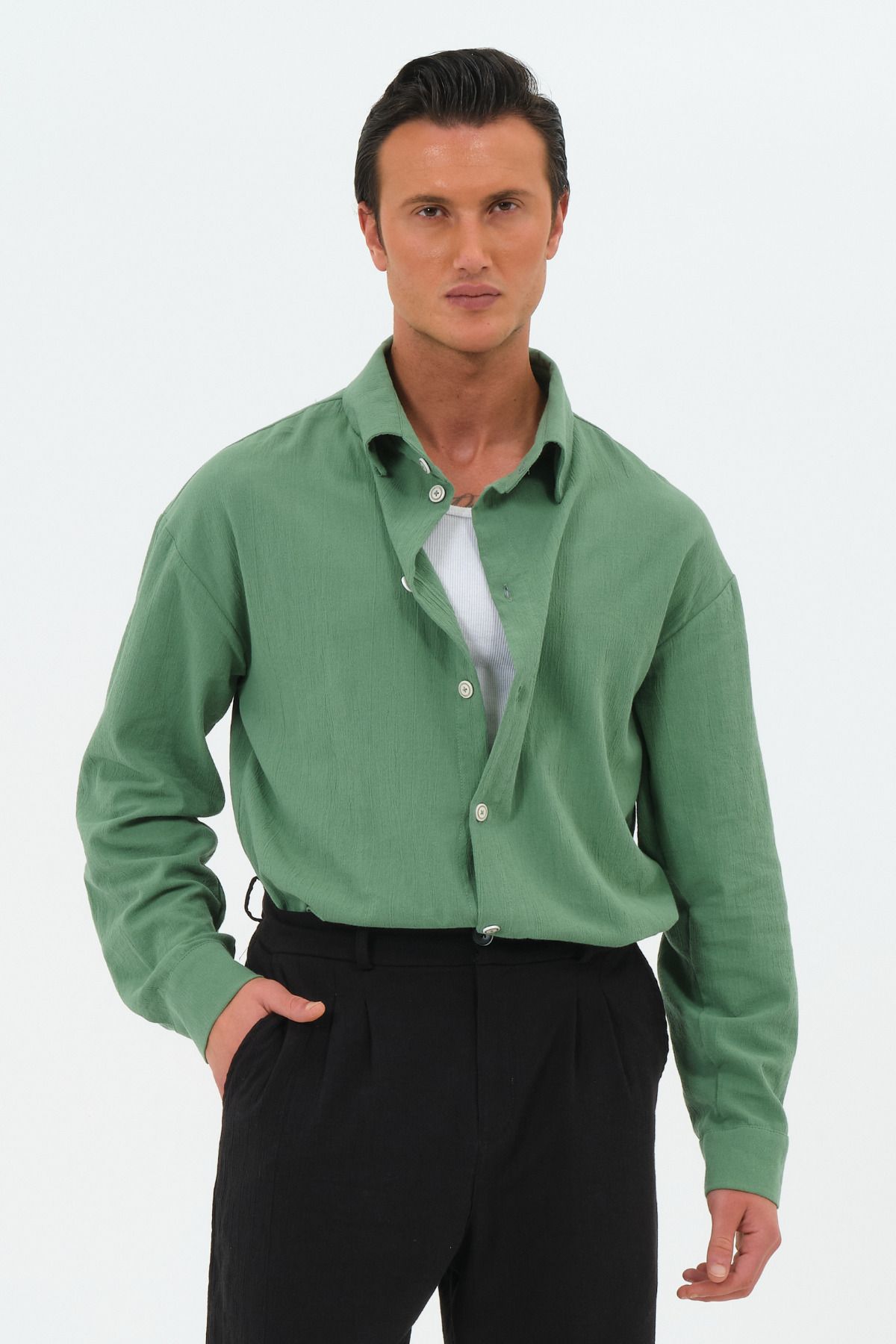 RELAXL %100 Pamuk Retro Yaka Bol Kesim Erkek Gömlek Benetton Yeşil