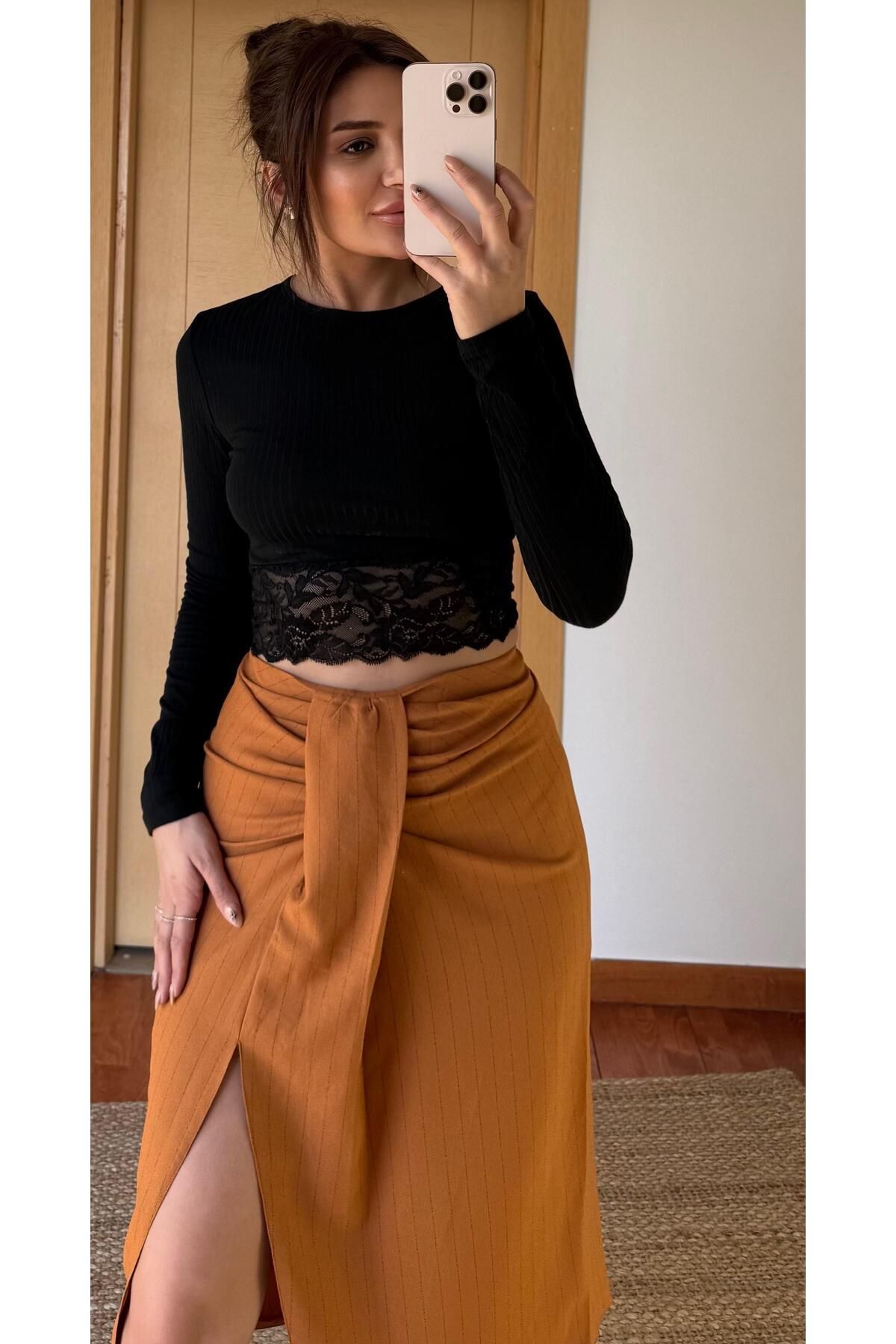 Daves Önden Yırtmaçlı Kalem Etek Taba