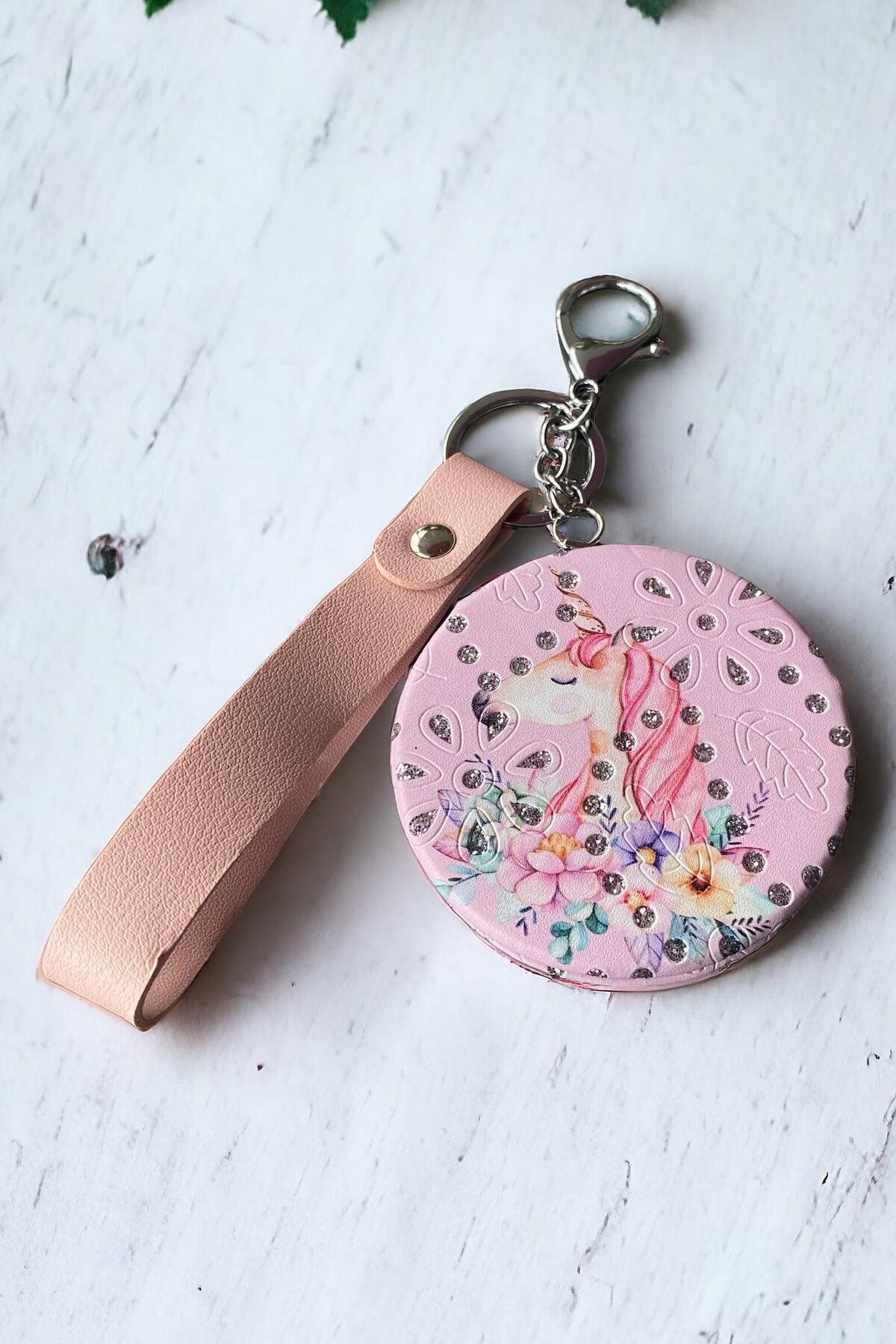 TAKIŞTIR Pembe Renk Unicorn Figürlü Cep Aynası/ Anahtarlık