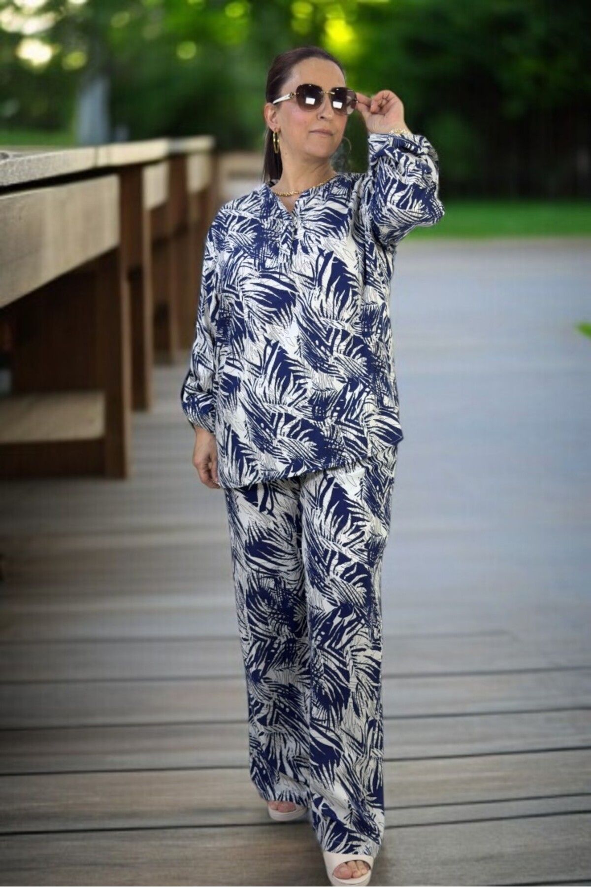 yagmurberen-Palm Print Front Half Buttoned Judge Collar Bluzel Belt Elastic Waist Trousers Large Size Double Set 7