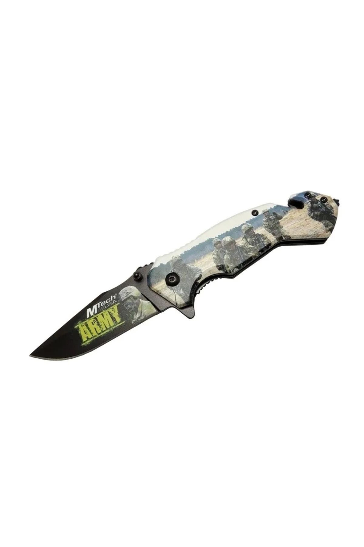 ShopNova 4 23 3 Army Kurtarma / Kamp Çakı 20cm - Yarı Otomatik, Kemerlikli, Cam Kırma Ve İp Kesme Aparatlı