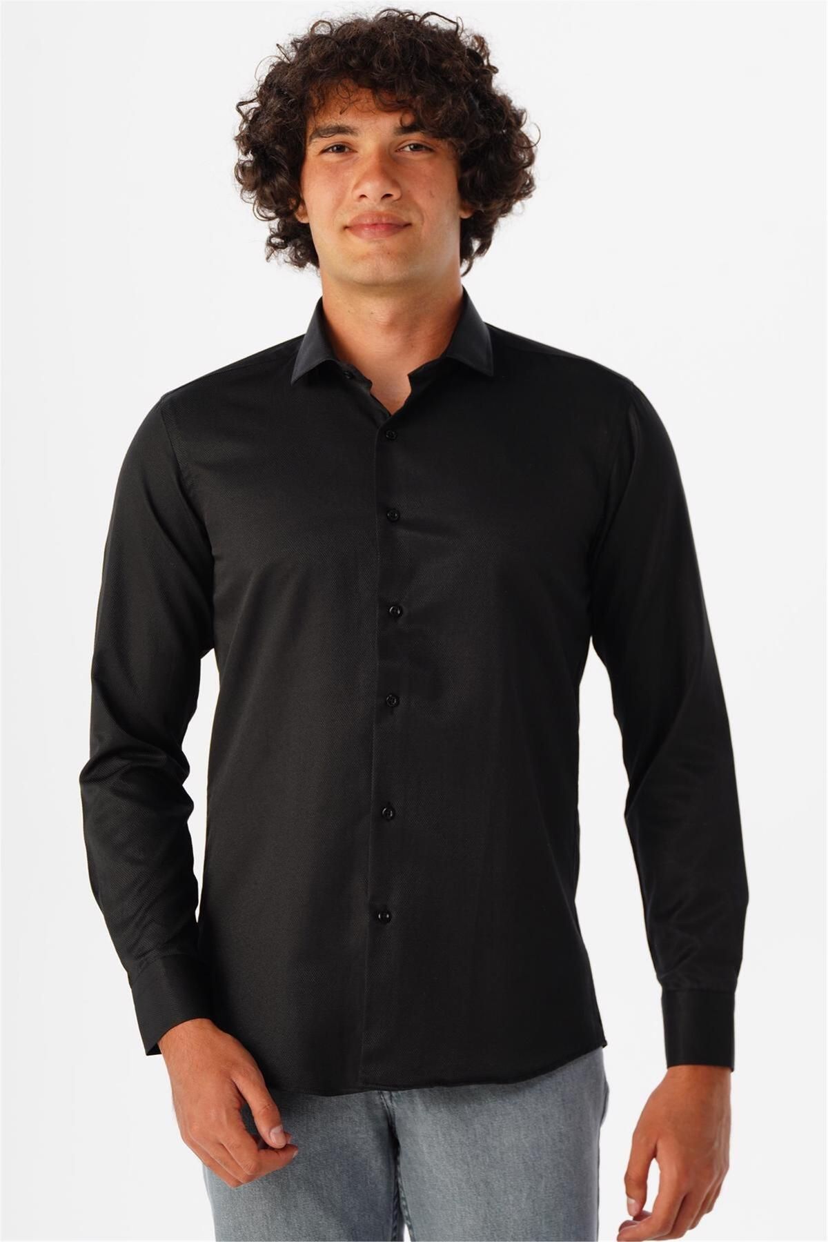 SÜVARİ Süvari Slim Fit Mikro Desenli Kolay Ütü Teri Emen Nefes Alan Kravat Yaka Dört Mevsim Erkek Gömlek