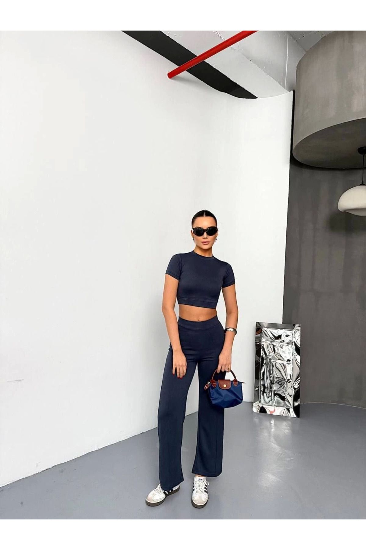 Pink Stil Osy Modal Yumuşak Dokulu Kumaş Kısa Kollu Crop Alt ispanyol Paça Pantalon ikili Takım - Füme