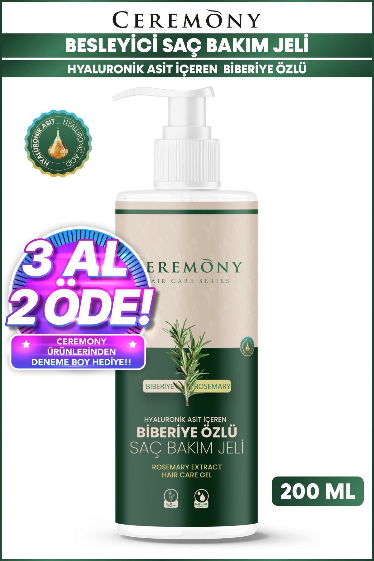 Ceremony Hyaluronik Asitli Besleyici Saç Şekillendirici Biberiye Jeli 200ml