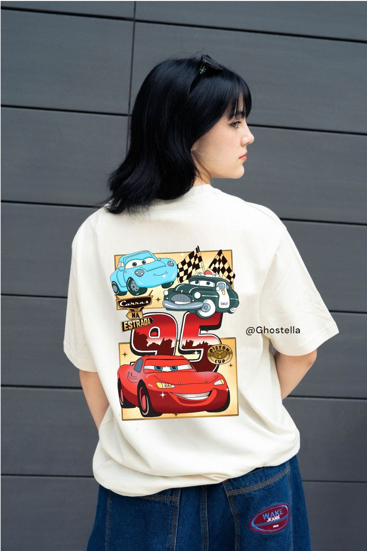 Minga London Bej Fast Racing Car Sırt Baskılı Unisex Oversize Tshirt - Ghostella