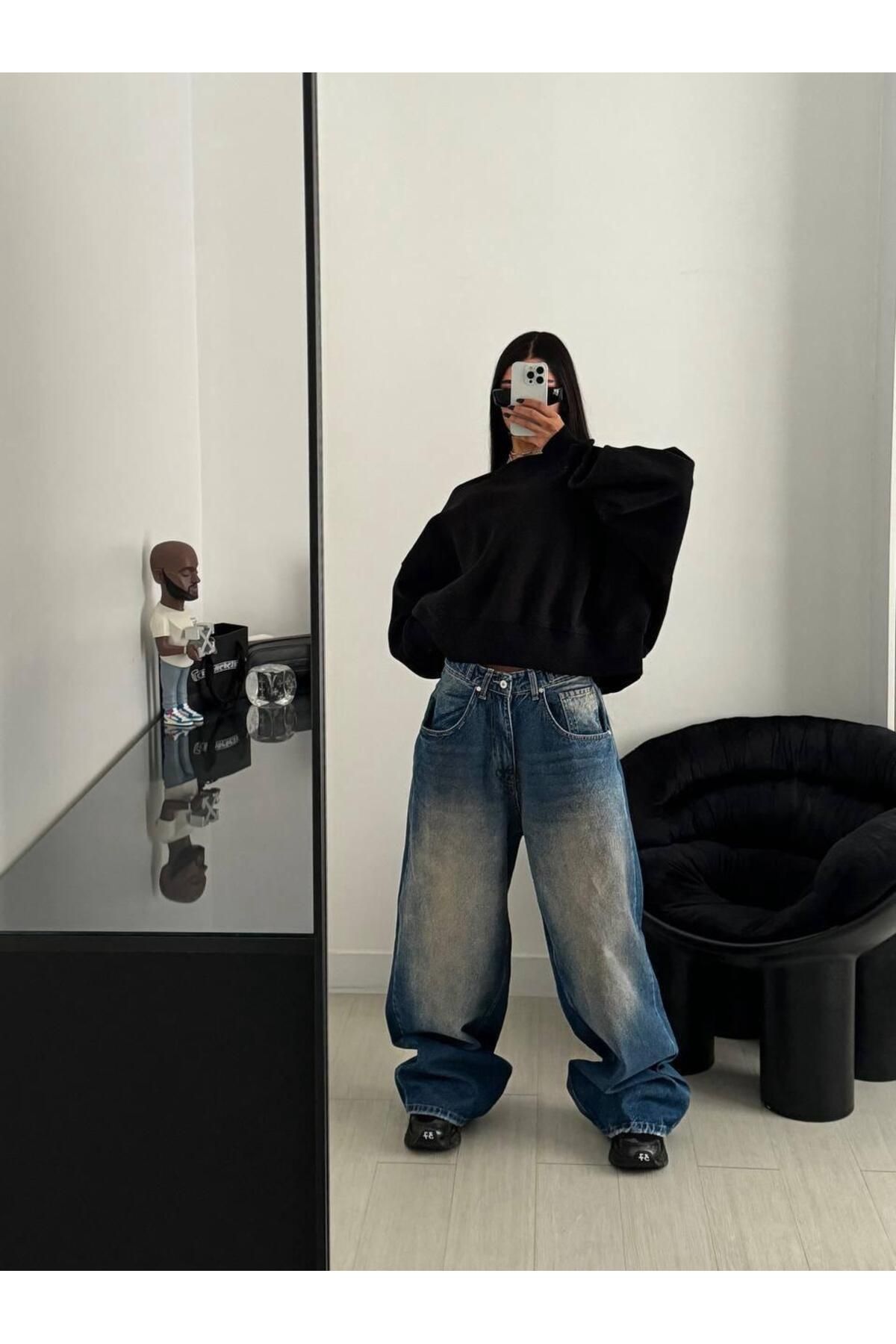 holmwear Mavi Koyu Mavi Yıkamalı Kemer Detaylı Baggy Jean Pantolon