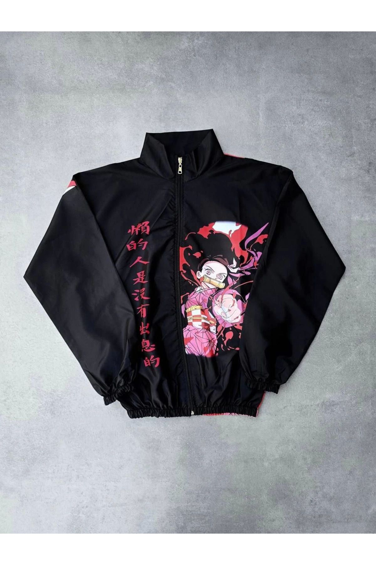 Pink Stil Fermuarlı Dijital Baskılı Rüzgarlık - Siyah