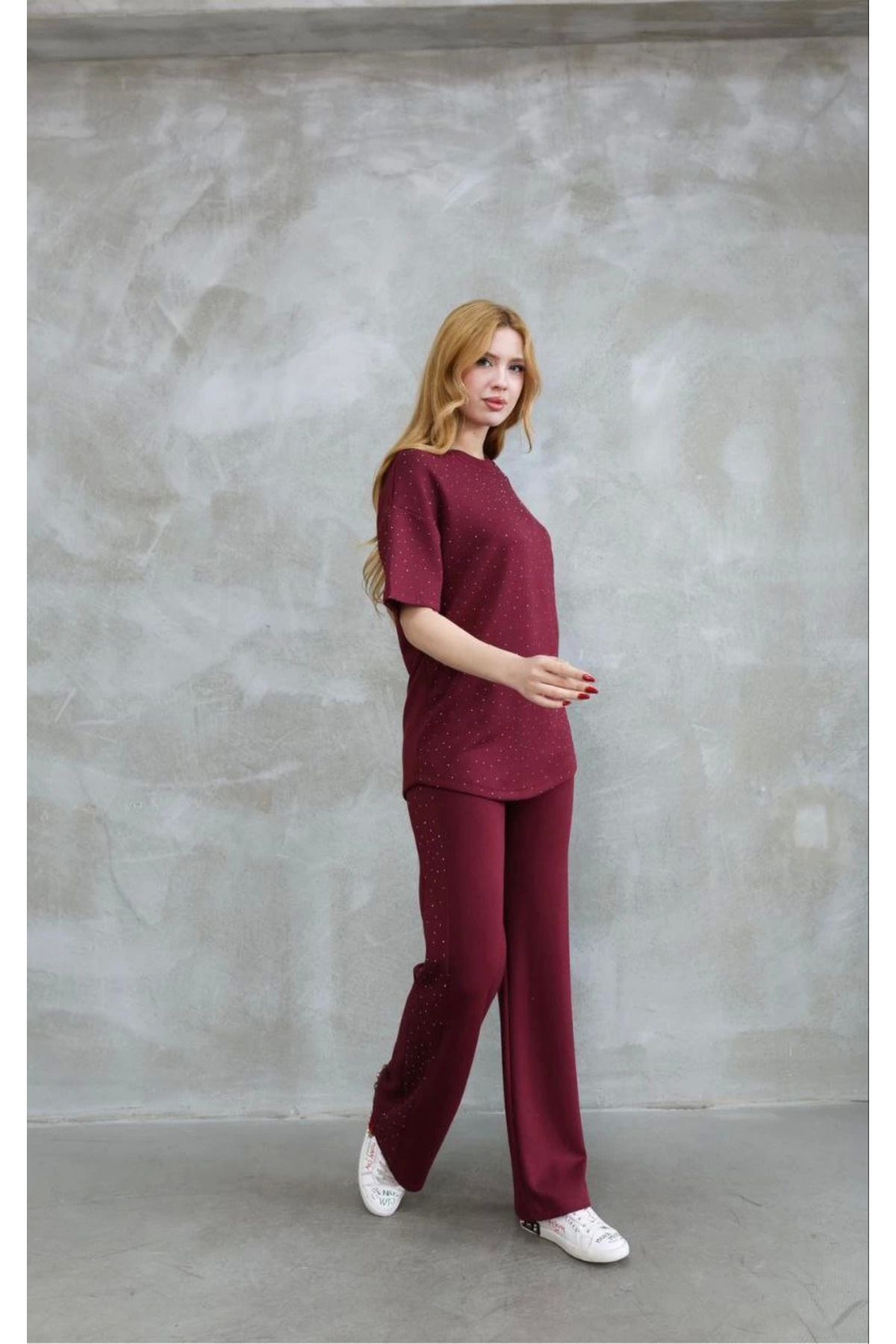 Pink Stil Osy Modal Yumuşak dokulu Kumaş Bisiklet Yaka Taş detaylı Kısa Kollu Takım - Bordo