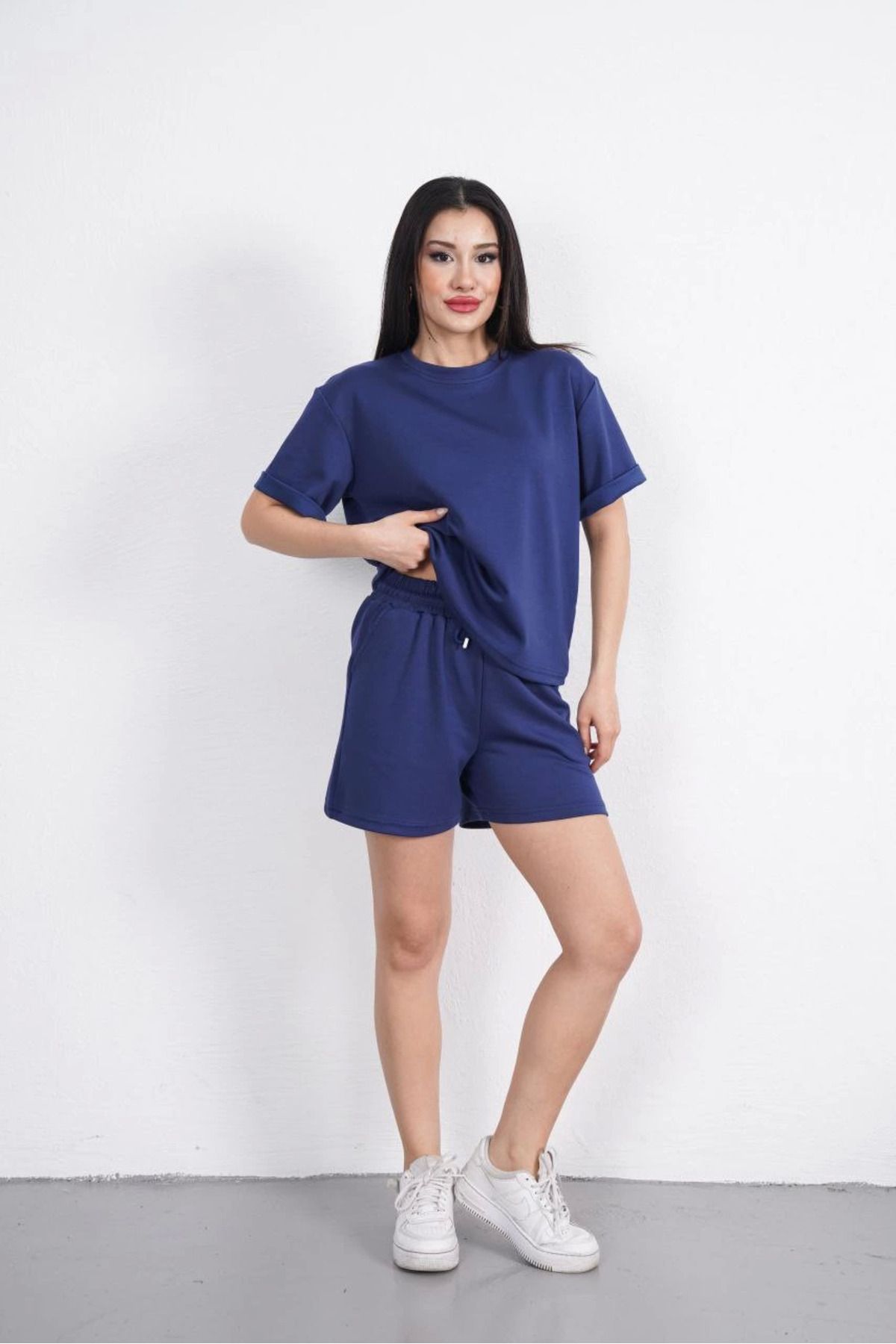 Pink Stil Osy Modal yumuşak dokulu Kumaş Kadın Bisiklet Yaka T-shirt Kısa Şort İkili Takım - Mavi