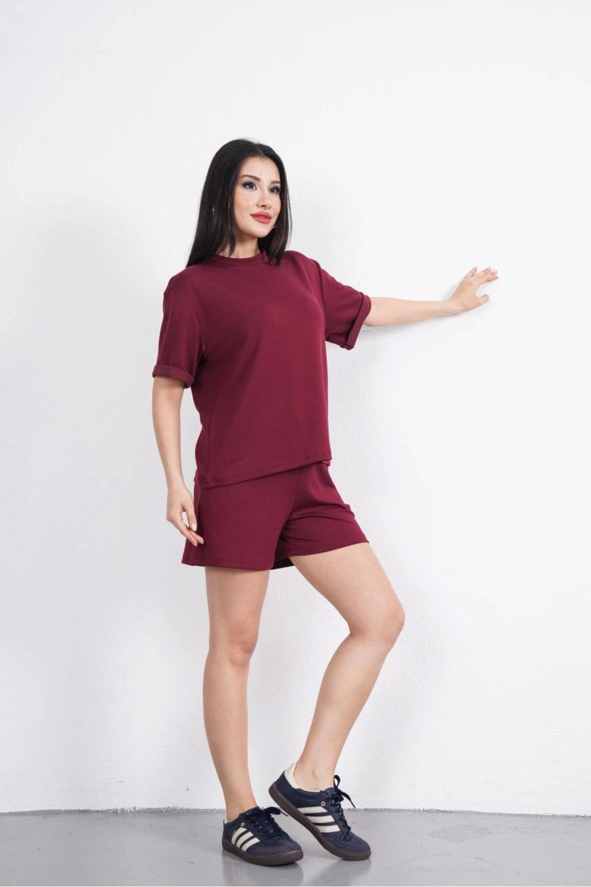 Pink Stil Osy Modal yumuşak dokulu Kumaş Kadın Bisiklet Yaka T-shirt Kısa Şort İkili Takım - Bordo