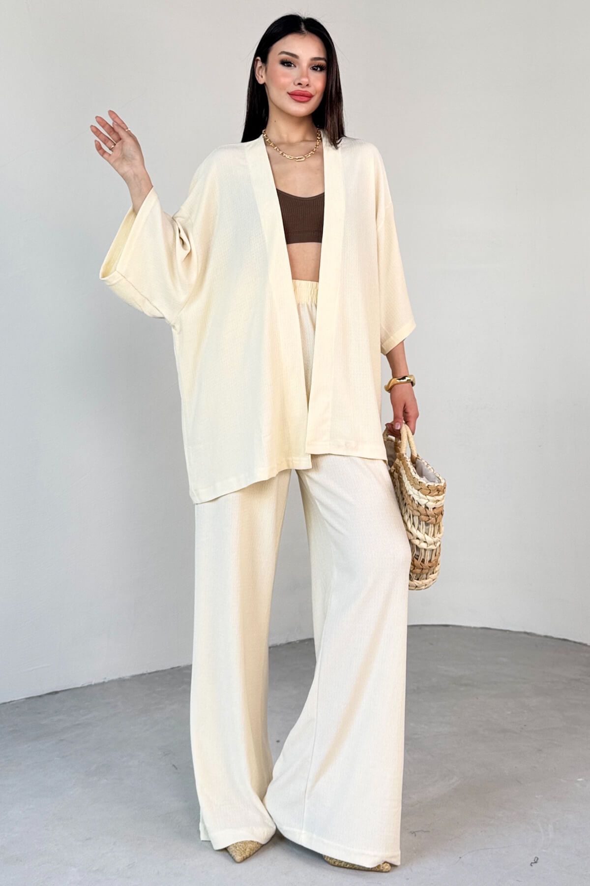 Cappmoda TKM-13297 Krem Modern Kesim Kimono & Salaş Pantolon Yazlık İkili Takım