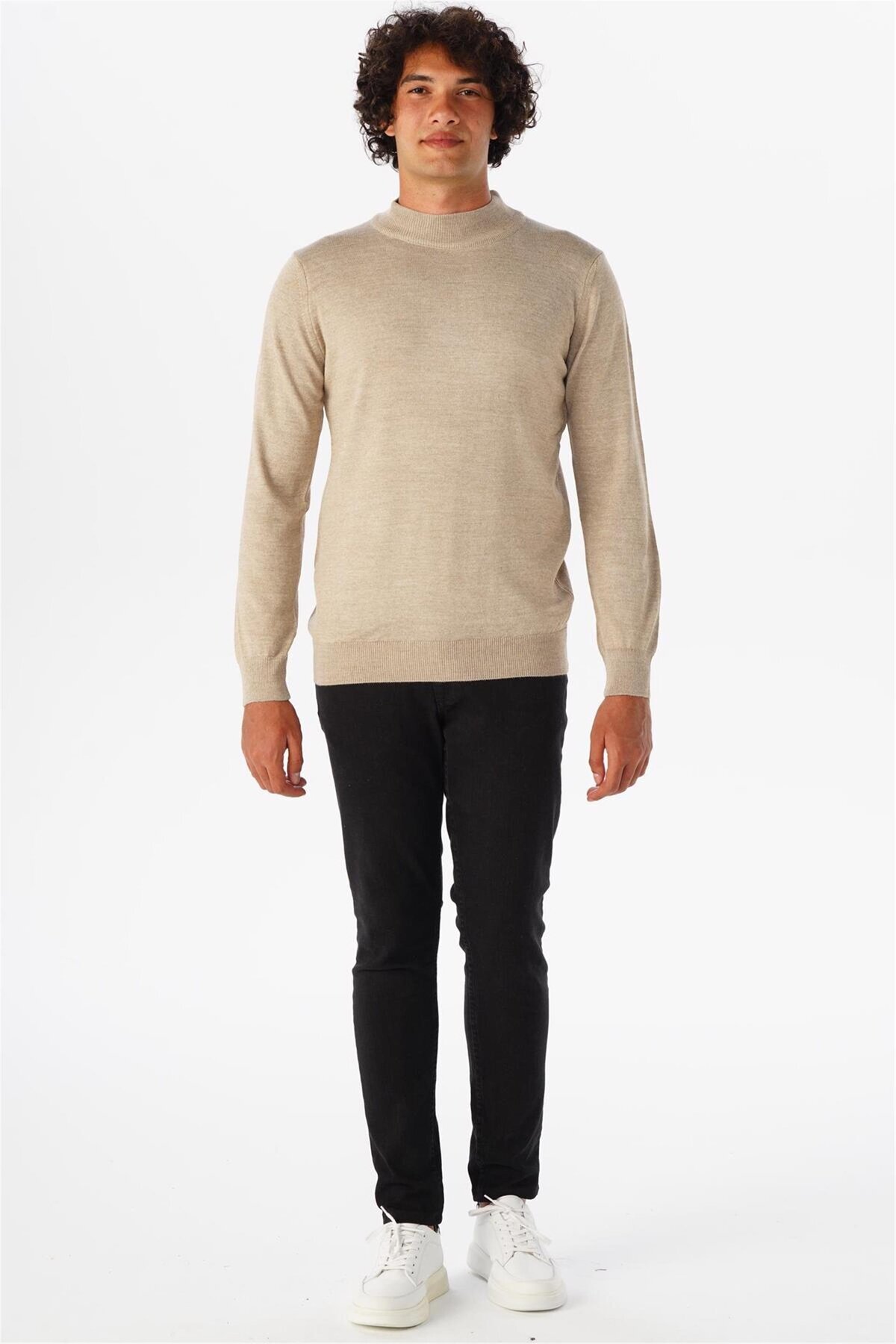 SÜVARİ-Beige Regular Plain Half Turtleneck Knitwear 4