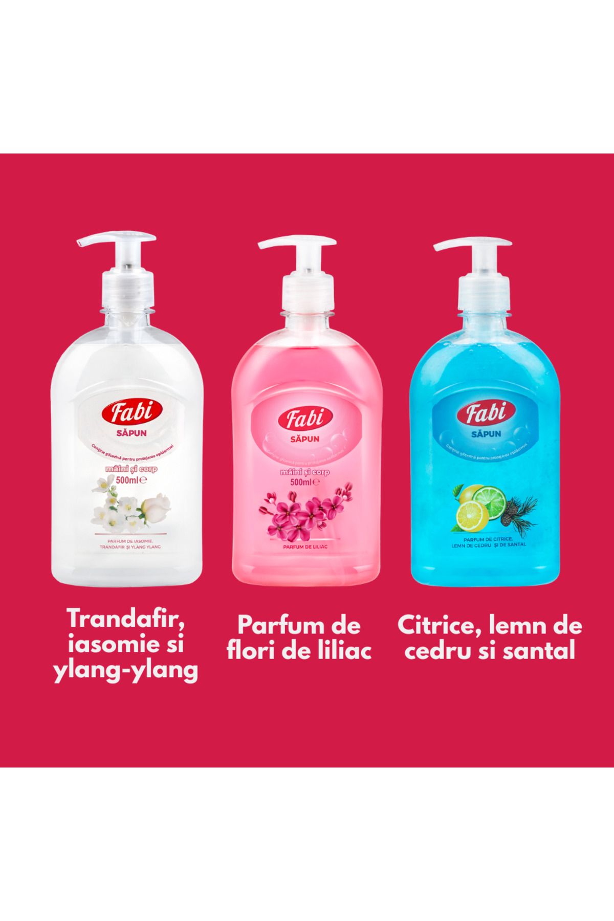 FABI-Pachet 3 X Sapun Lichid, , 3 X 500ml, Cu Pompita, Alb, Roz Si Albastru 3