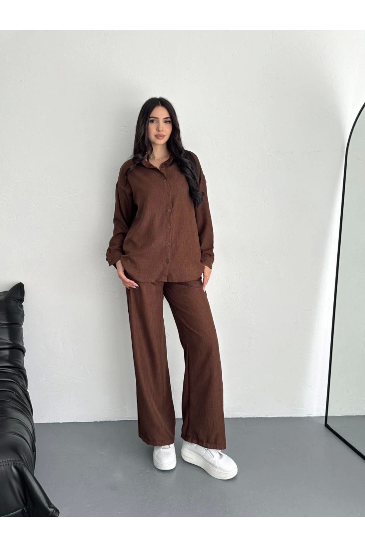 Pink Stil Gömlek Pantolon ikili Takım - Kahverengi