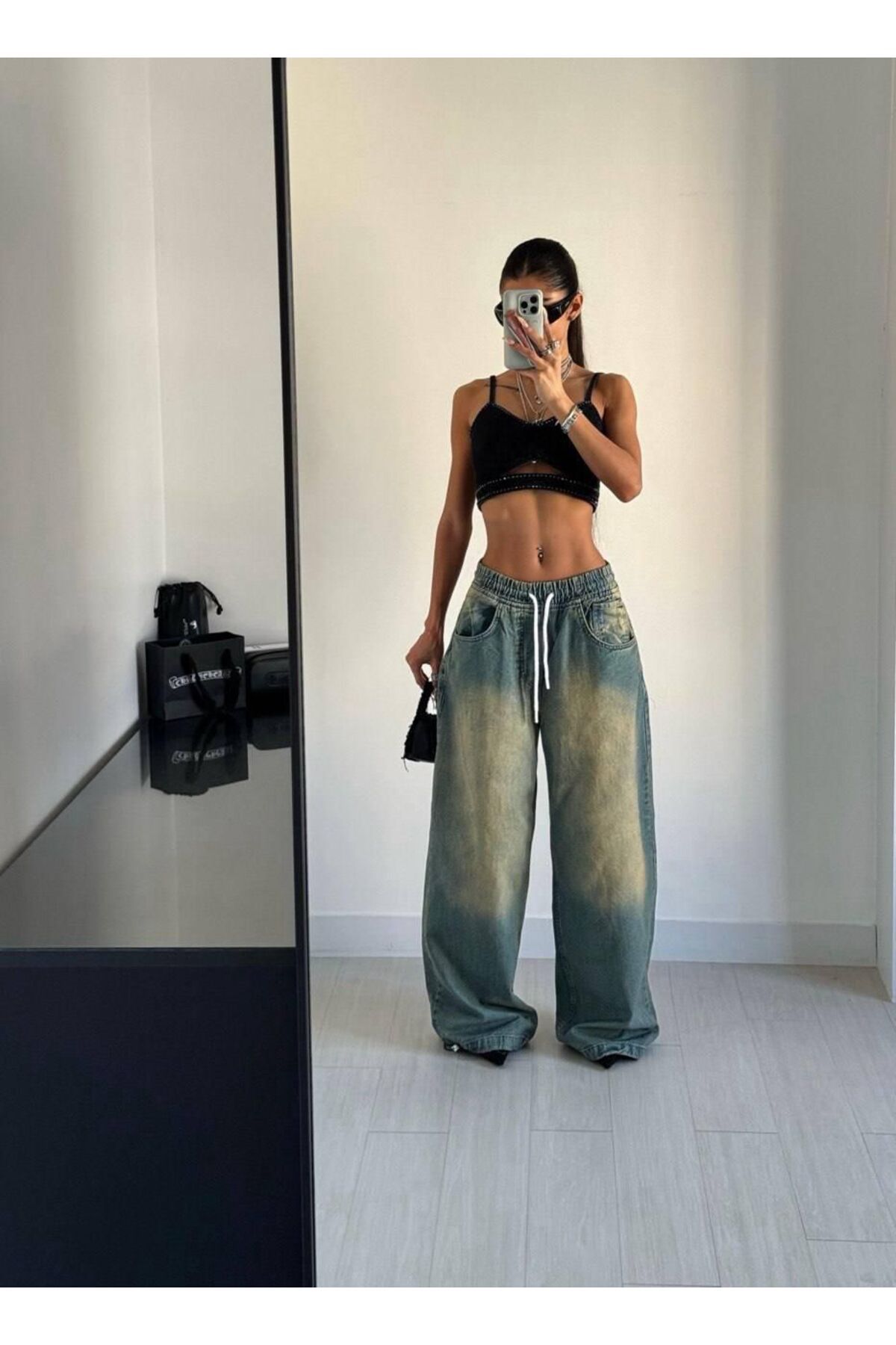 holmwear Mavi Çok Renkli Yıkamalı Beli Lastikli Bol Paça Baggy Pantolon