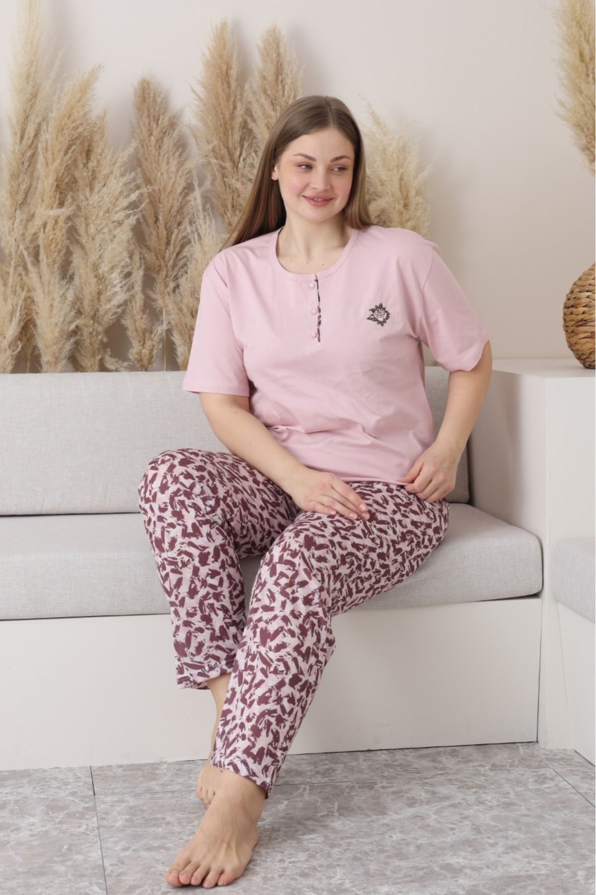 Farya Home X-Dreamy Büyük Beden Pamuklu Düğmeli Yaka Kısa Kollu Penye Pijama Takımı
