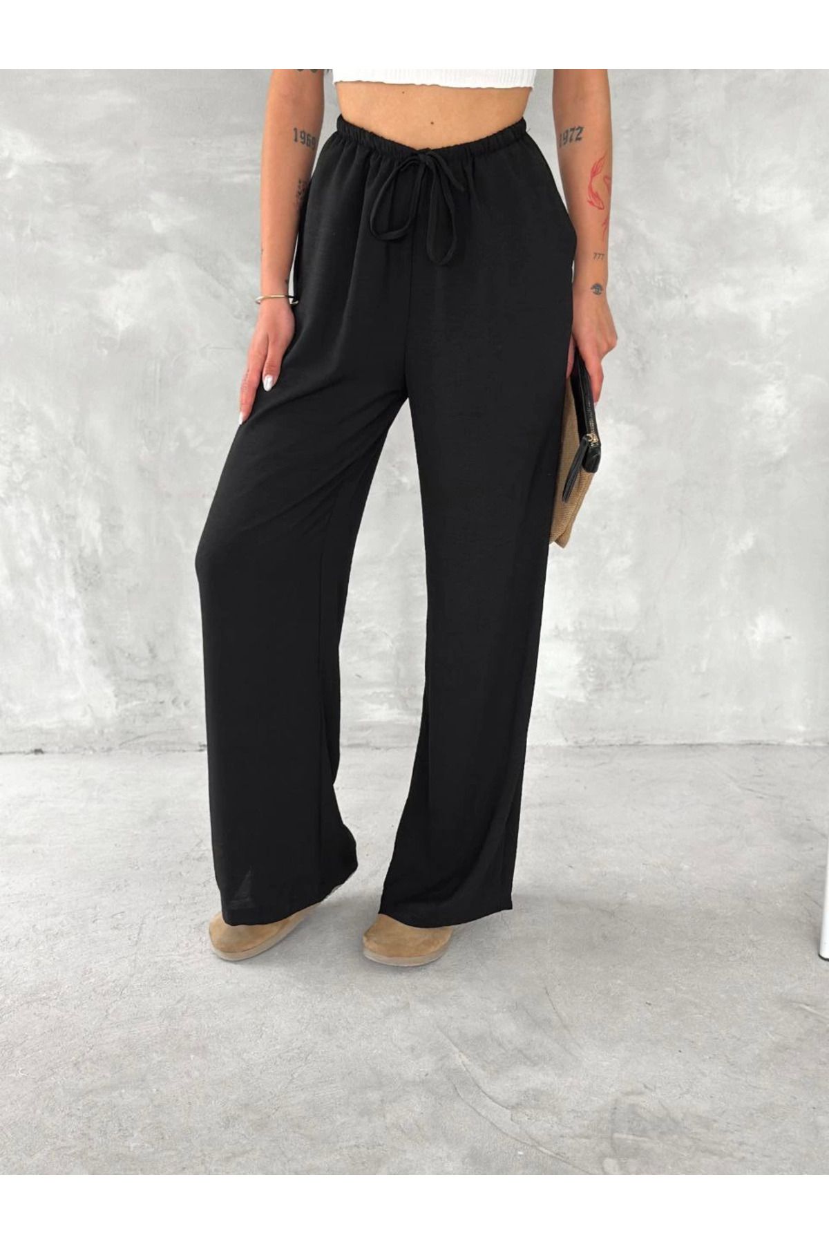 Pink Stil Ayrobin Oversize Kadın Pantalon - Siyah