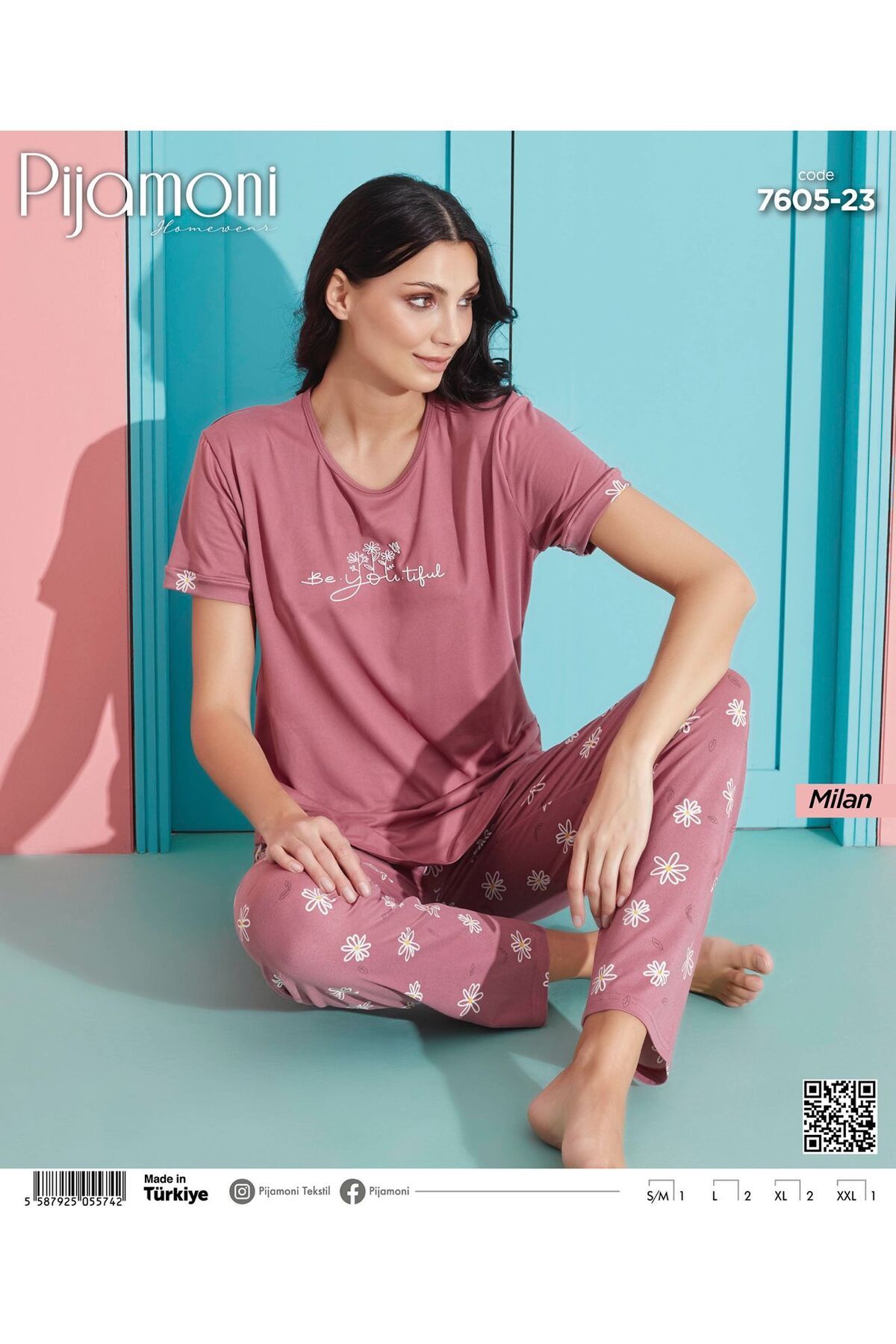 Pijamoni Bambu Milan Kumaş Gül Kurusu Renkli Kısa Kollu Kadın Pijama Takımı