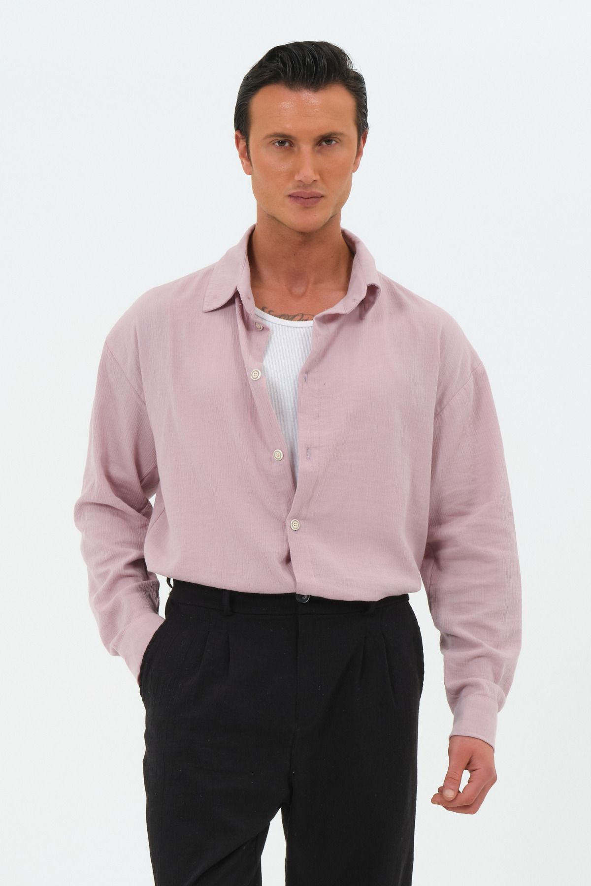 RELAXL %100 Pamuk Retro Yaka Uzun Kol Oversize Erkek Lila Gömlek