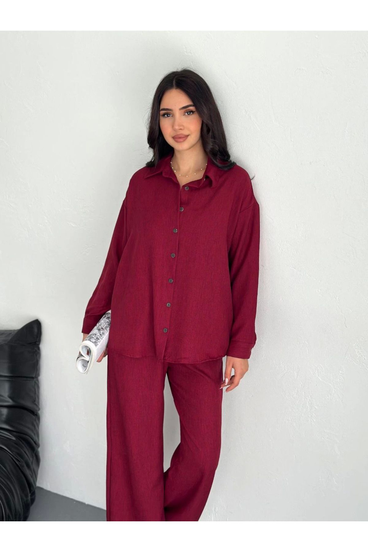 Pink Stil Gömlek Pantolon ikili Takım - Bordo
