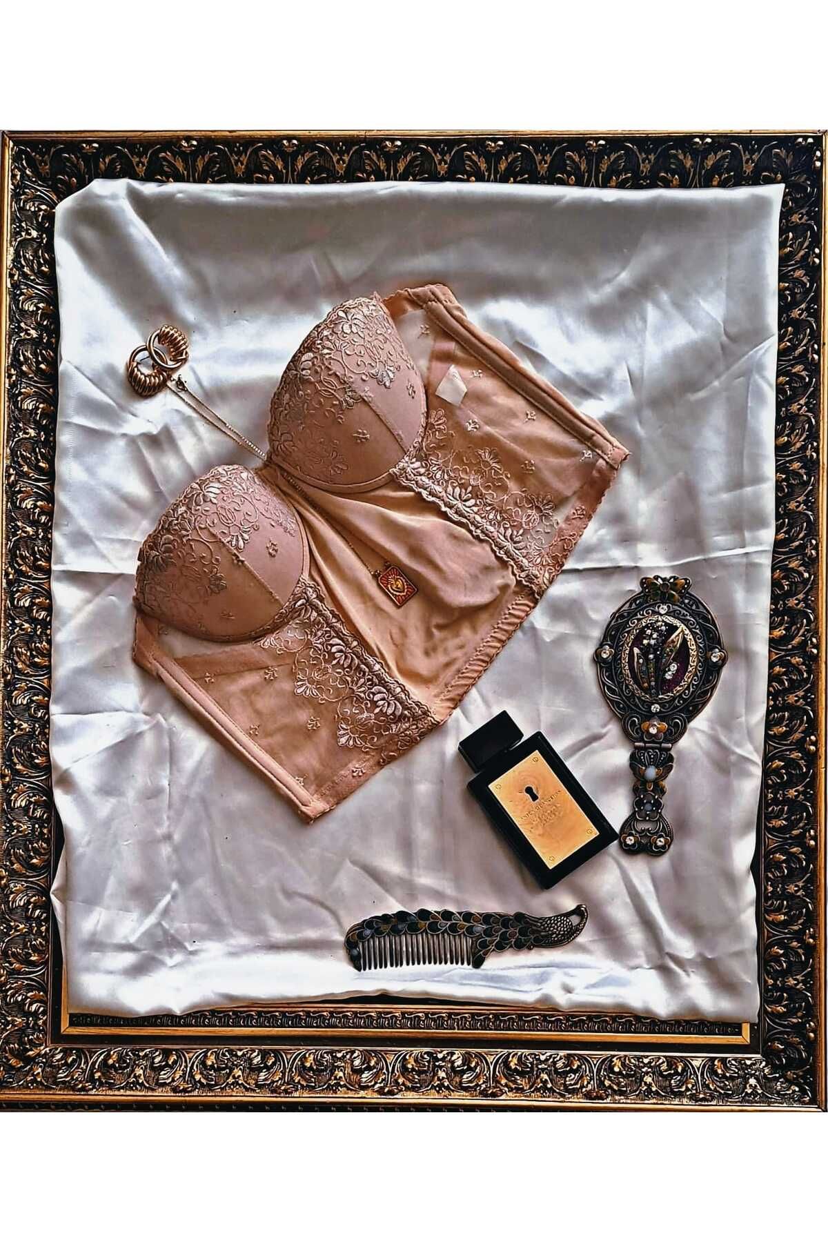 ALEİDANIN KOLEKSYONU Korse Büstiyer Krem Rengi Vintage Retro Üst Yaz Straplez Nakış Push Up Dolgulu Krop Büstiyer