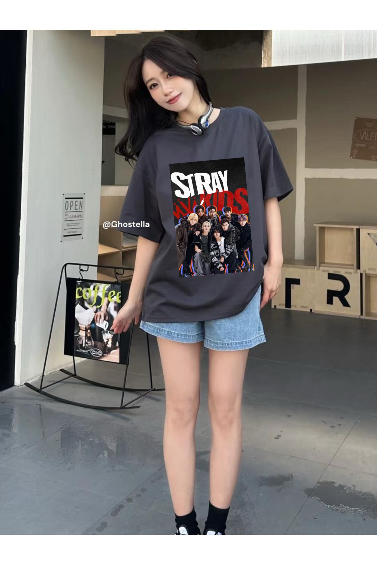 Minga London Füme Stray Kids Music Group Ön Baskılı Unisex Oversize Tshirt - Ghostella