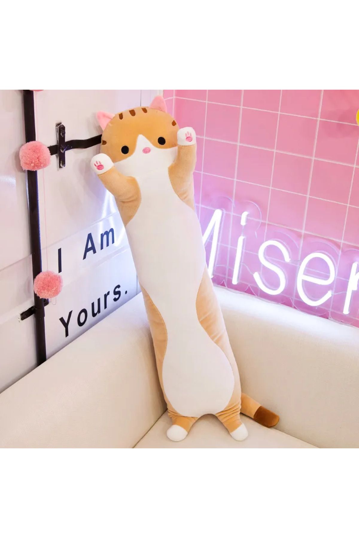 LRS STORE Peluş Sosis Kedi Yastık 50 cm Sevimli Uzun Kedi İthal
