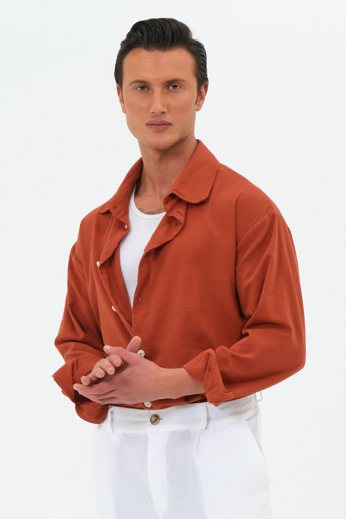 RELAXL %100 Pamuk Şile Bezi Retro Yaka Oversize Uzun Kol Gömlek Kiremit
