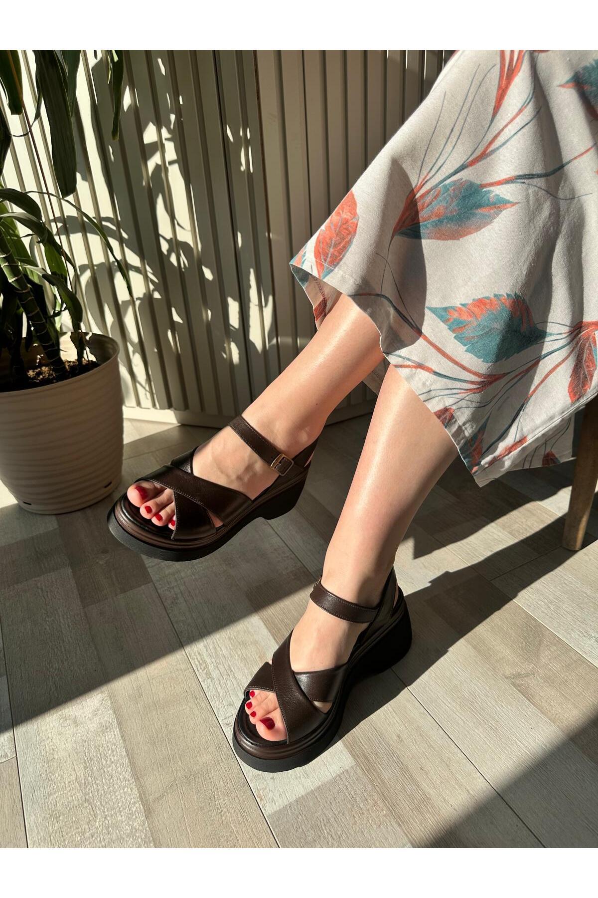 Hermones-Mira Genuine Leather Wedge Heel Brown Women's Sandals – Ankle Strap 1