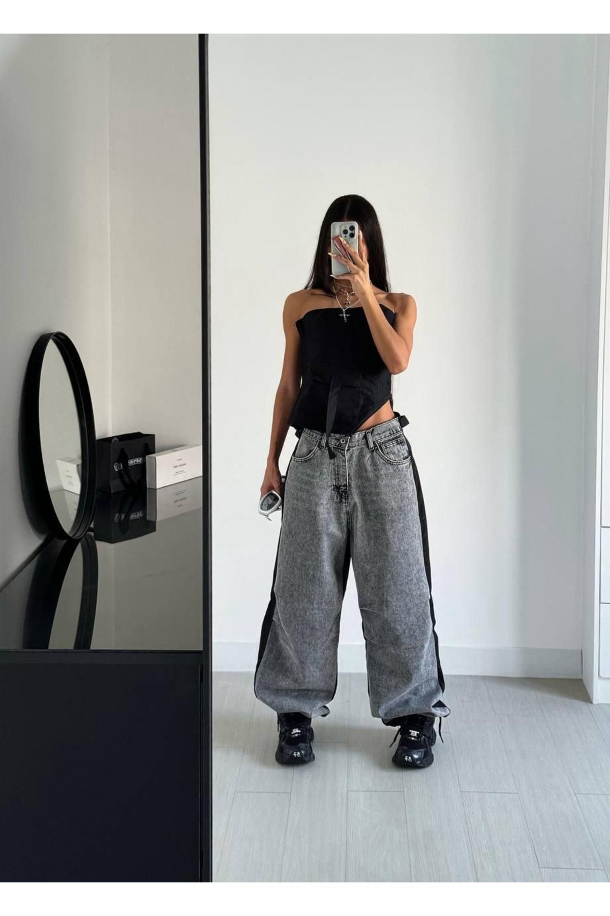 holmwear Antrasit Kot Arkası Paraşüt Kumaş Parçalı Baggy Pantolon