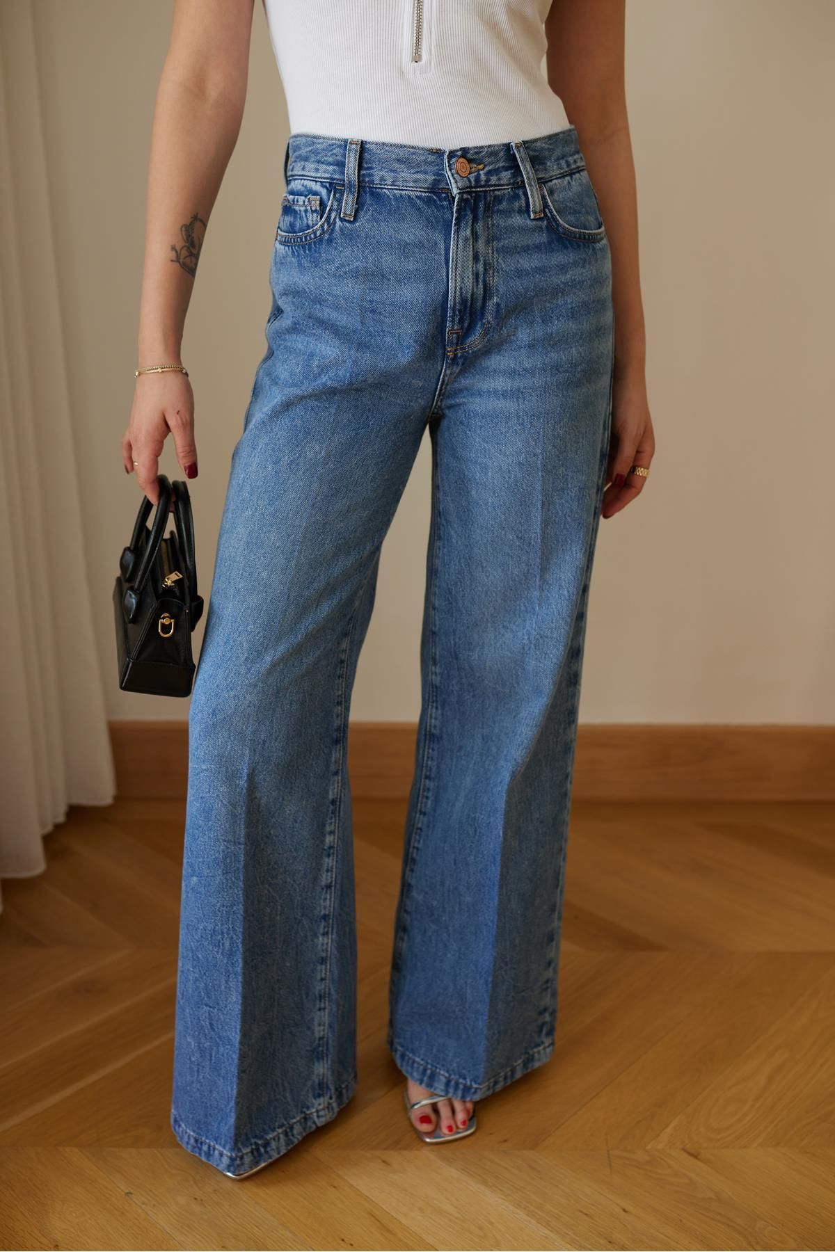 Askı Tekstil Klasik Jean Rengi Taşlamalı Palazzo Denim Pantolon