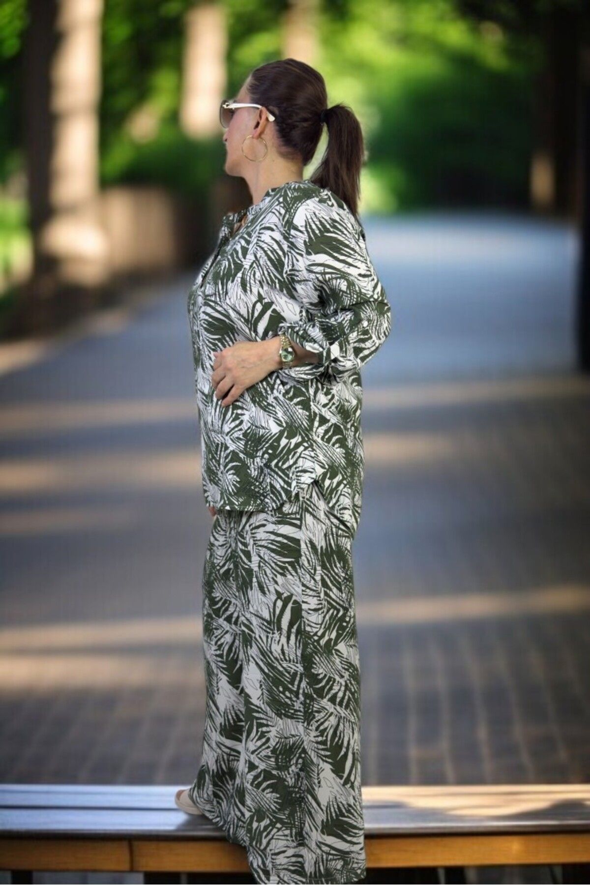 yagmurberen-Palm Print Front Half Buttoned Judge Collar Bluzel Belt Elastic Waist Trousers Large Size Double Set 5