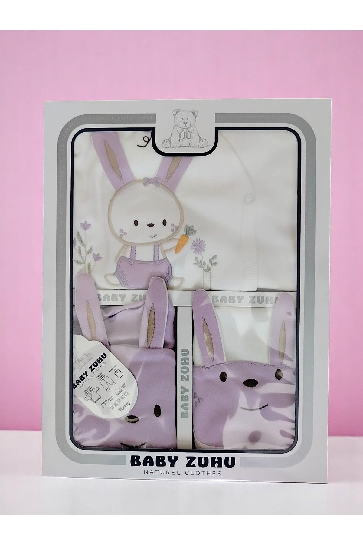 MİLAYS LİFE HOME COLLECTİON yenidoğan kız bebek tavşan nakışlı 5 li hastane çıkışı önlüklü zıbın takımı %100 pamuk