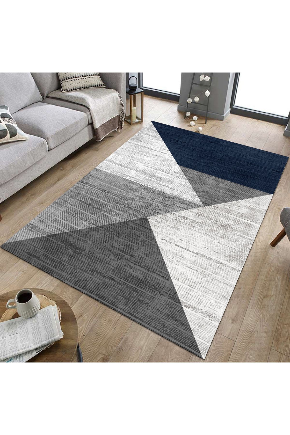 GNL HOME Lacivert Üçgen Desenli Dijital Baskı Salon,Koridor,Mutfak,Balkon,Ofis Halısı