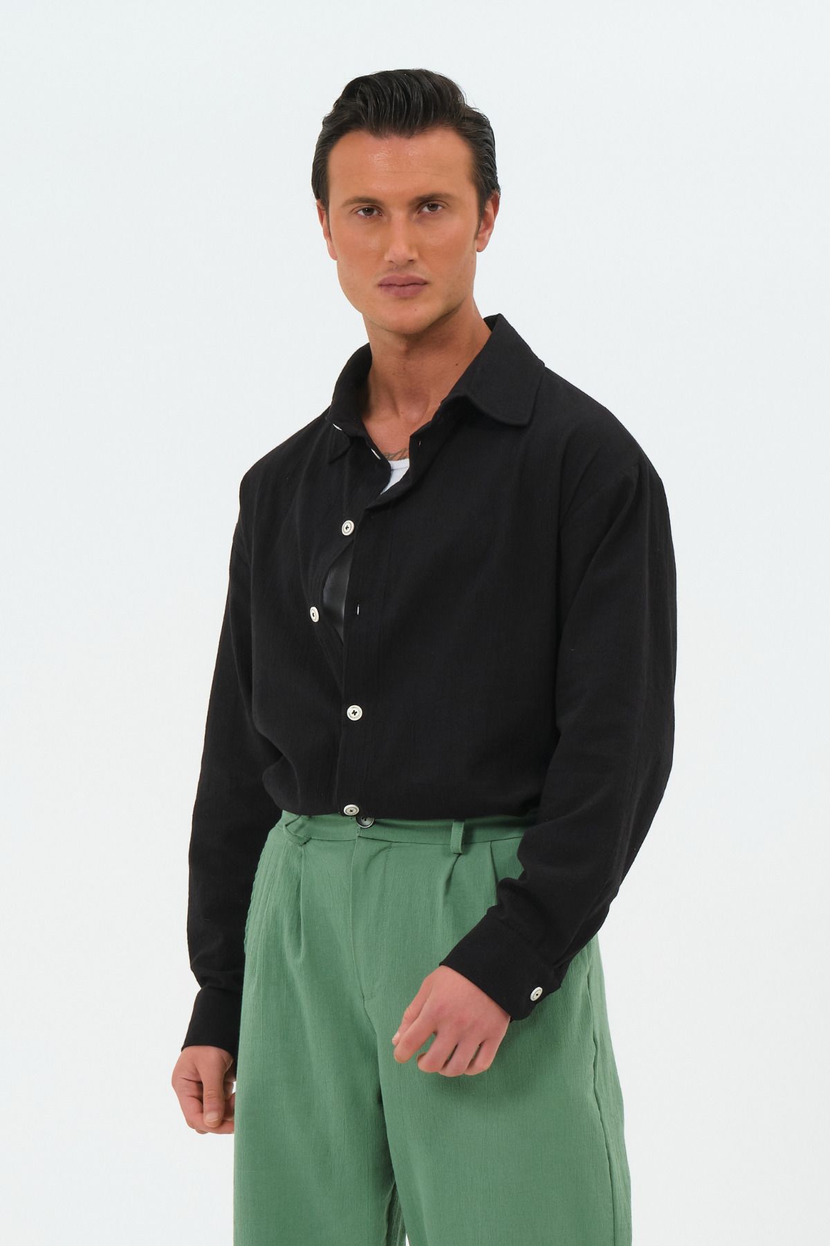 RELAXL %100 Pamuk Şile Bezi Retro Yaka Oversize Uzun Kol Siyah Gömlek