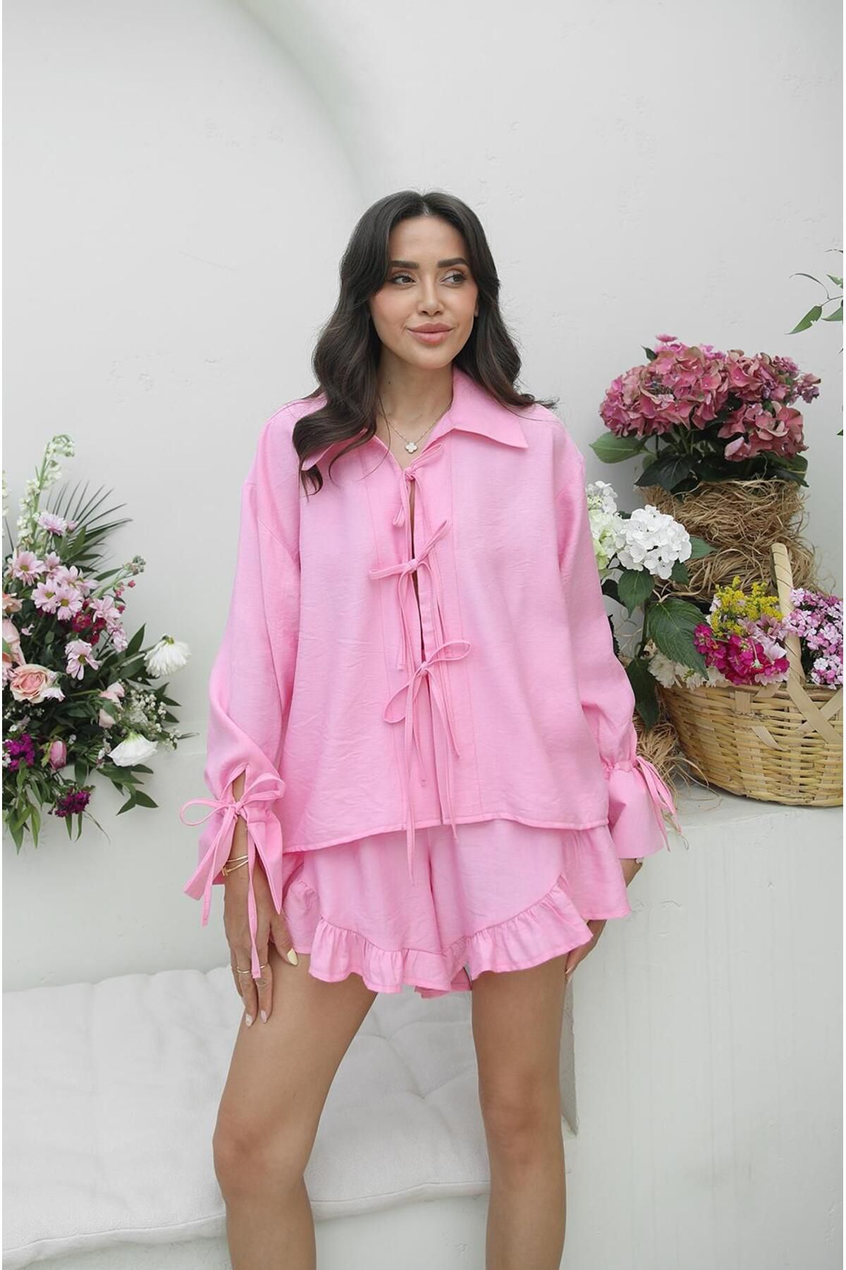 Havoş Pembe Etosha Bağlamalı Bluz Şort Takım