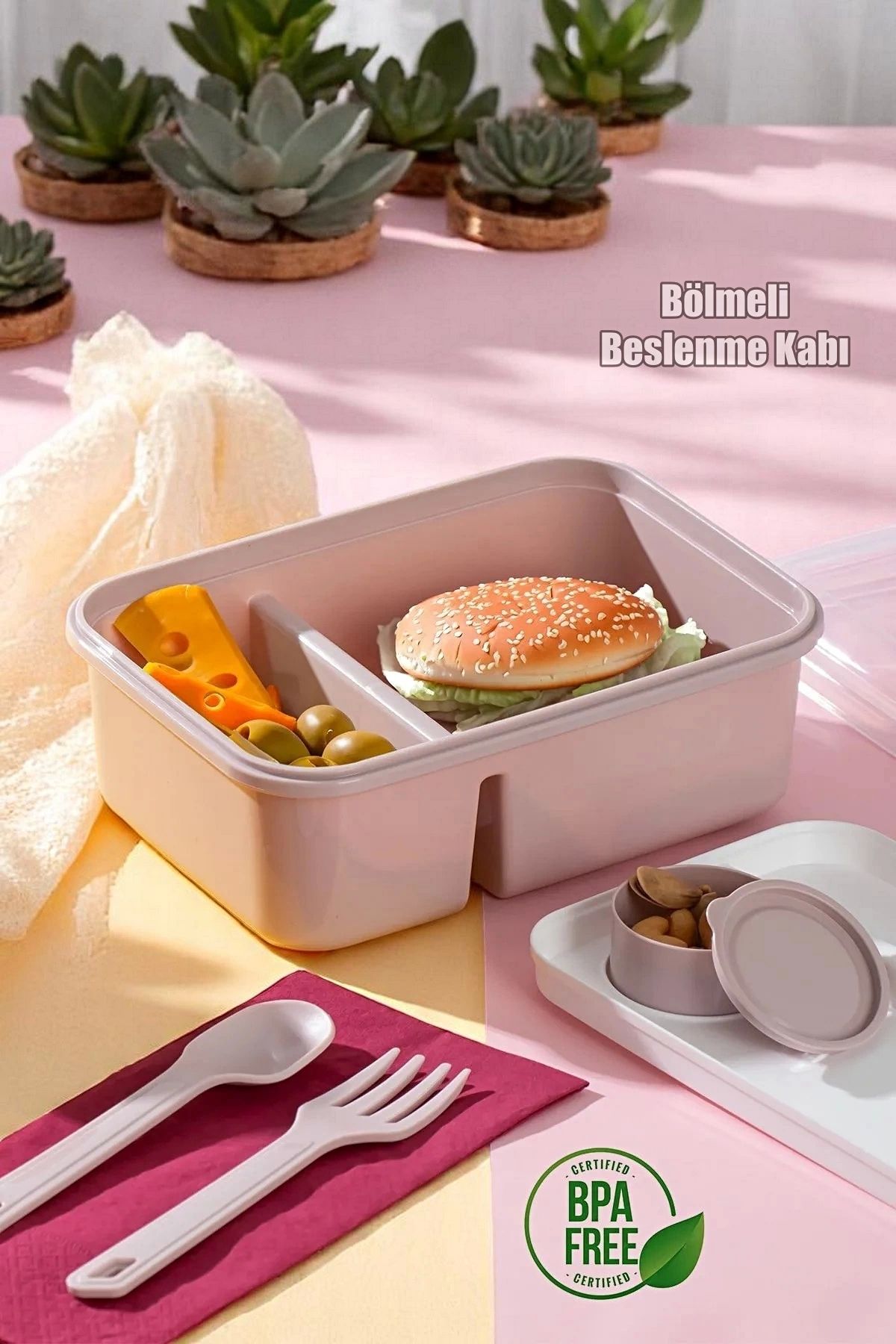 Tilbe Home Kendinden Kaşık Çatallı Sosluklu Bölmeli Beslenme Kabı - Taşınabilir Lunch Box Soft