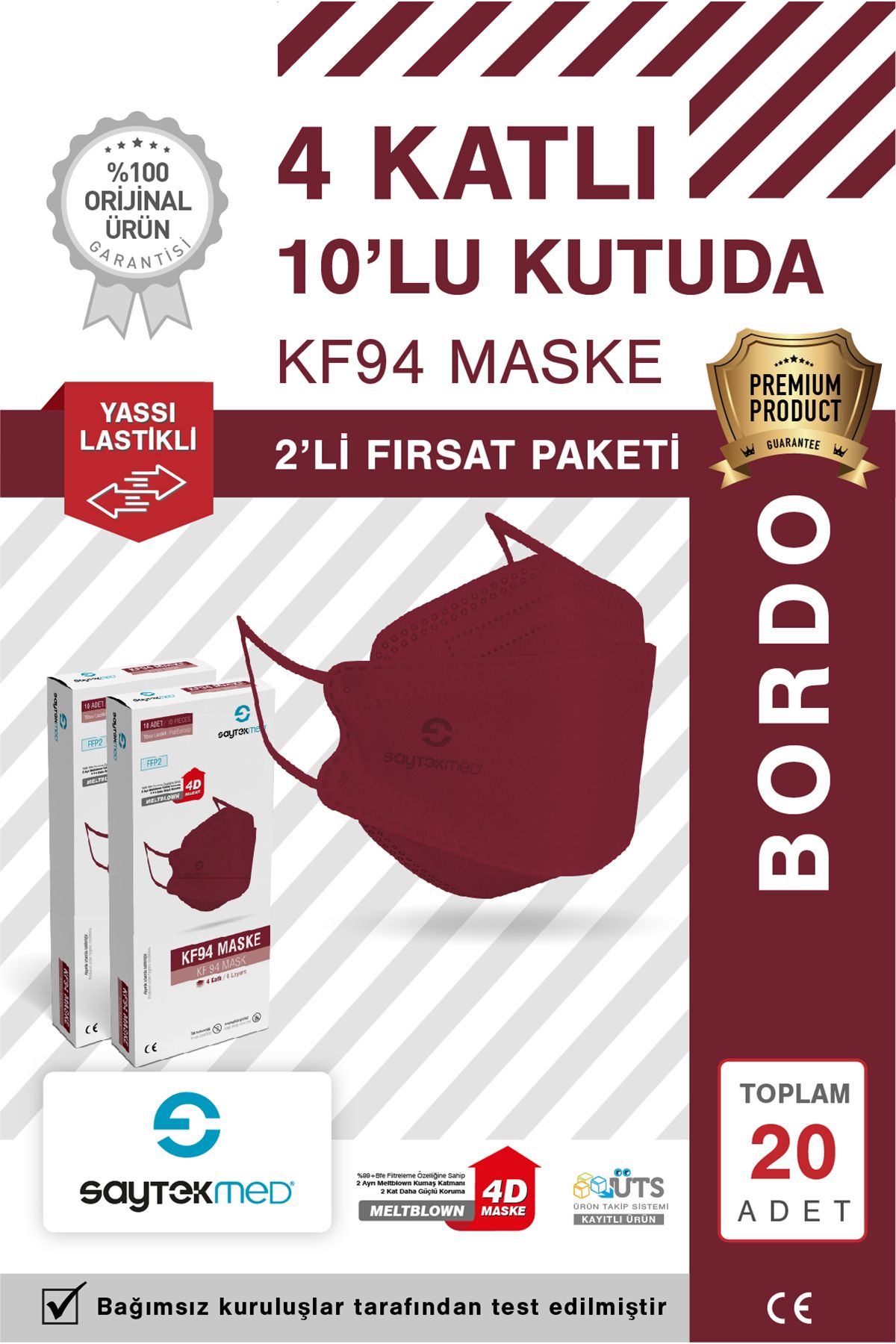 SAYTEKMED KF94 Kore Tipi, 4 katlı, BORDO Maske, Tekli Paket, UV Steril (2 Kutu/ 20 Adet)