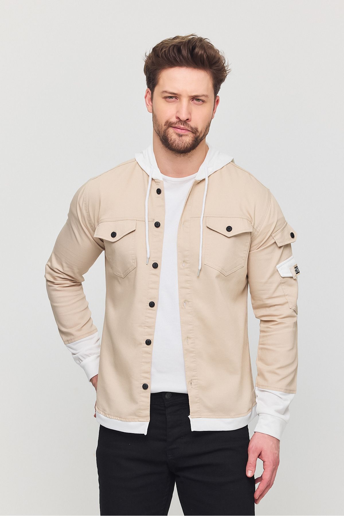 YXC Trend Maker Erkek Slim Fit Dar Kalıp Kapüşonlu Detaylı Kot Gömlek