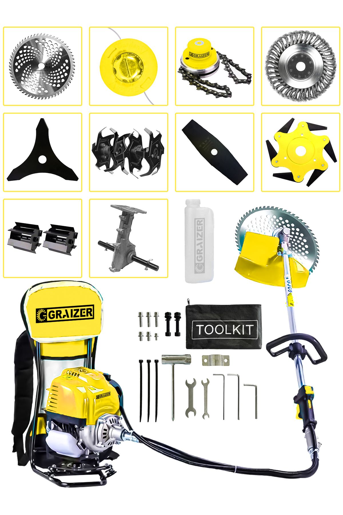 Graizer Powerforge 11 Başlıklı Set Sırt Tipi Benzinli Motorlu Ot Çalı Tırpanı Çim Biçme Makinesi Tırpan-Sarı
