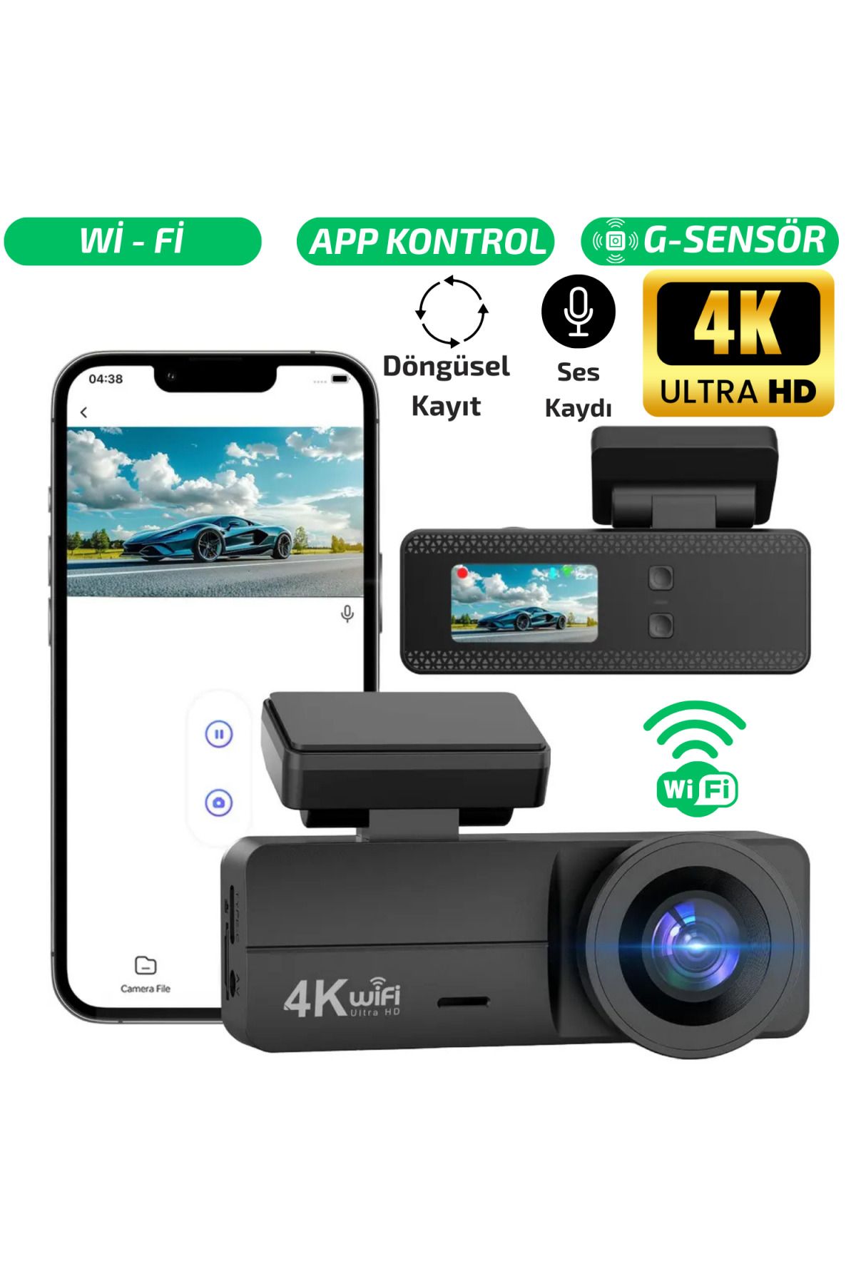 SONREİR F8 4K UHD Araç İçi Kamera 128GB – Wi-Fi, IR Gece Görüşü, APP Kontrol DashCam