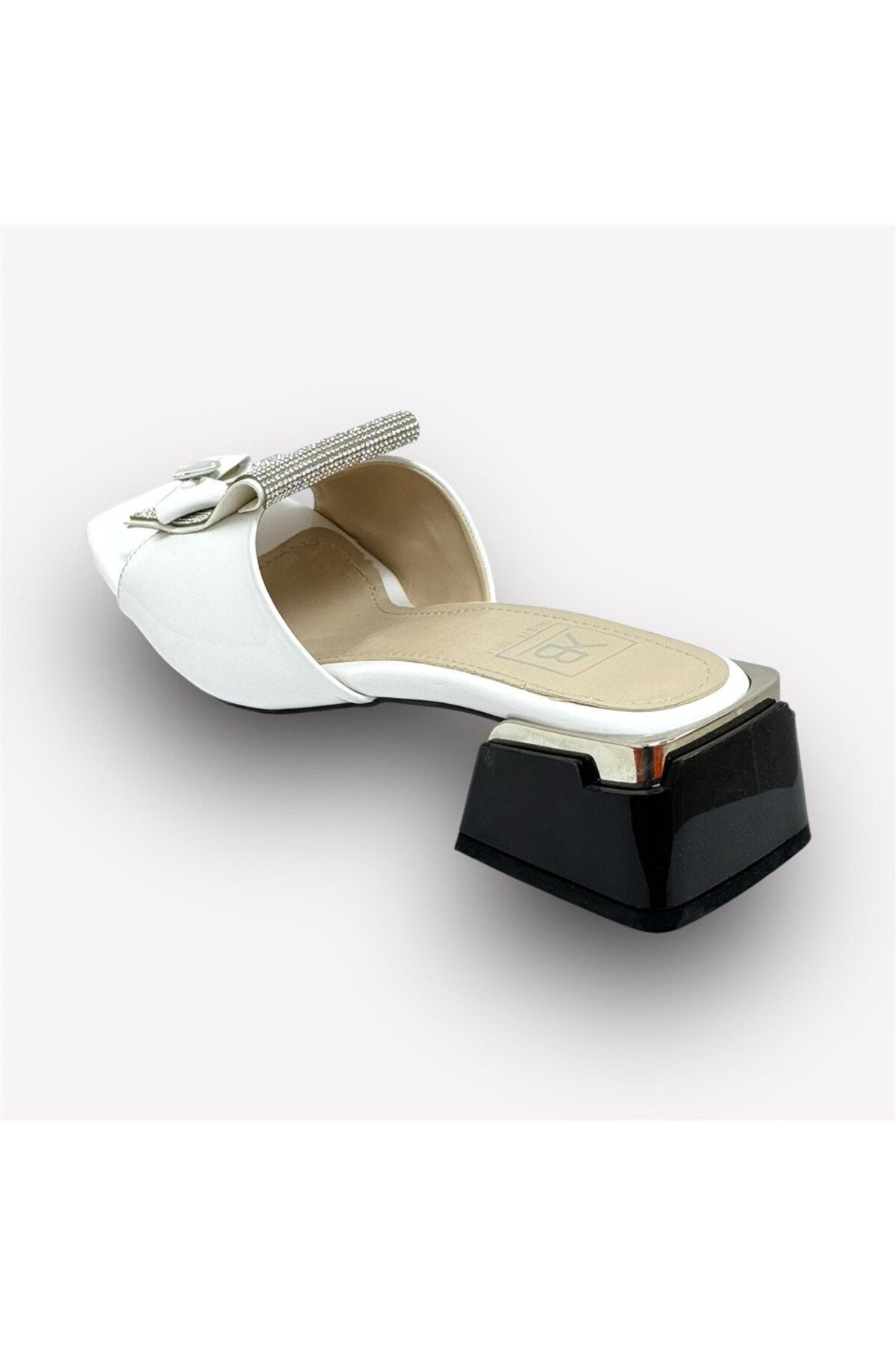 KRISTE BELL-1007 Patent Leather White Women's Square and Ribbon Buckle Heel Slippers 5