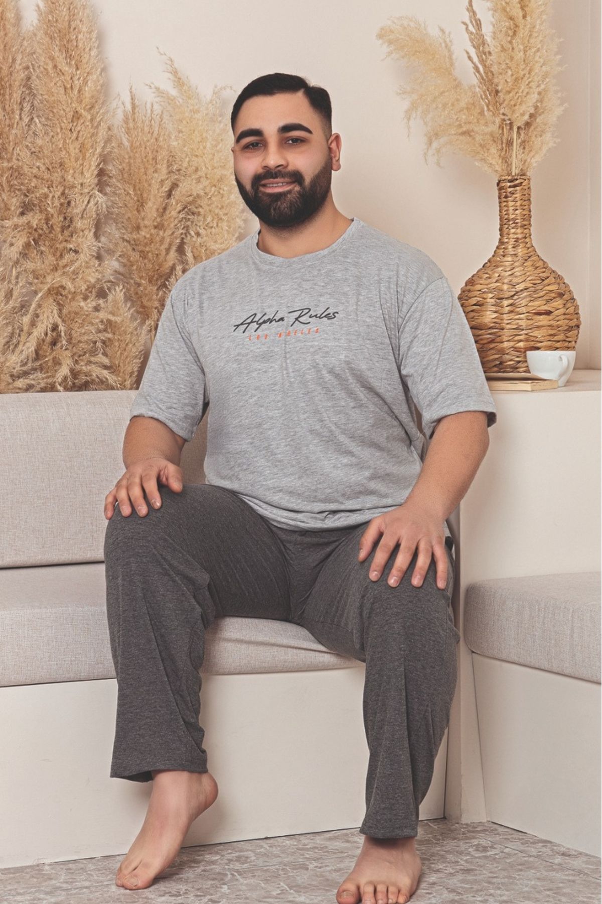 Farya Home Büyük Beden Pamuklu Cepli Kısa Kollu Erkek Pijama Takımı