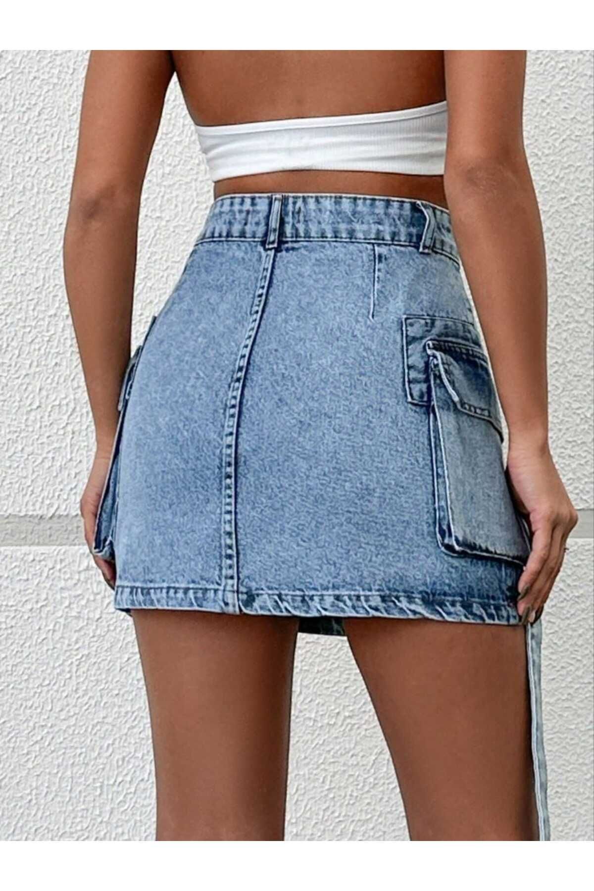 SHEVEGA-Women's Ice Snow Covered Belted Belted Bellow Pocket Denim Skirt 4