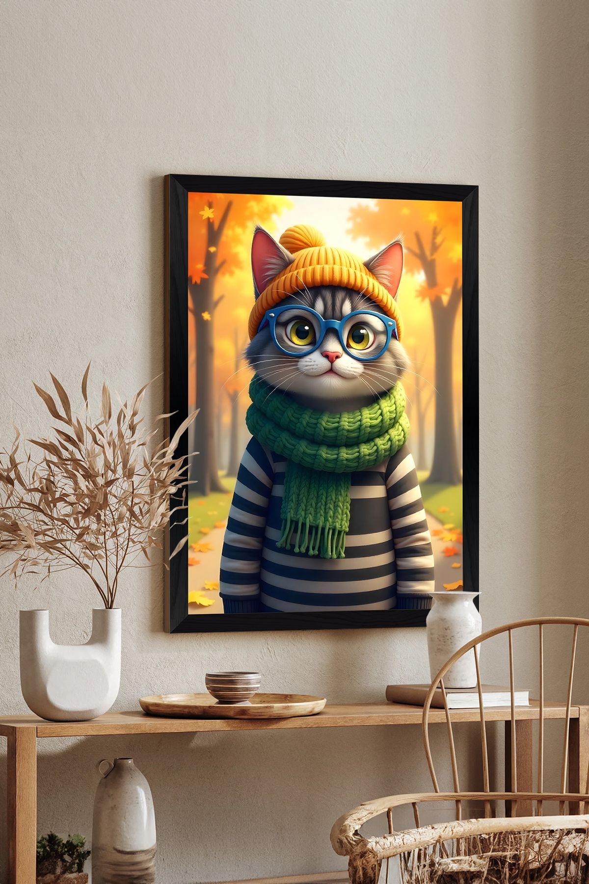 Artavessa Tek Parça Siyah Çerçeve Görünümlü Kedi Baskılı MDF 20x30 cm Tablo - Model 18