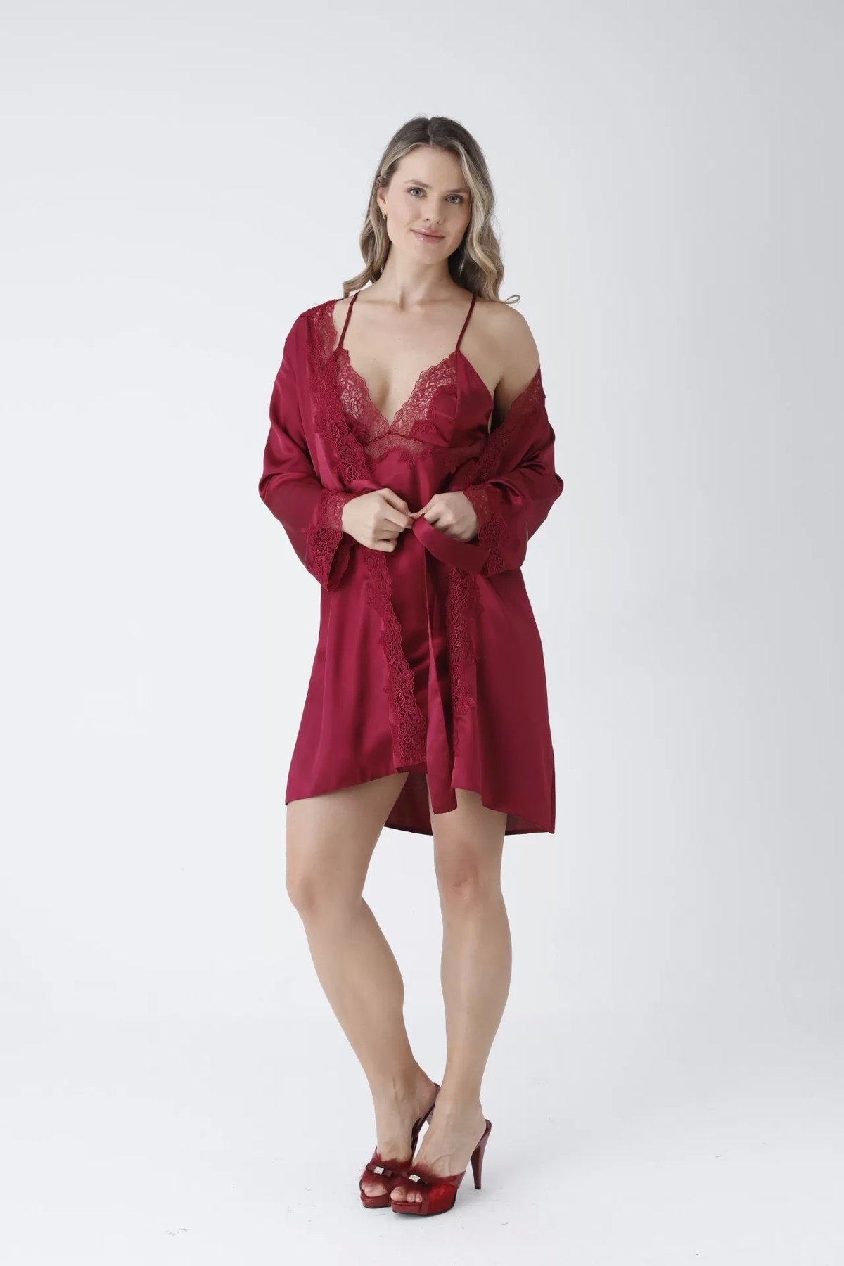 KARLİNAX Kutulu 6 Parça Dev Bordo Saten Gecelik Sabahlık Pijama Şortlu Takım Çeyiz Seti