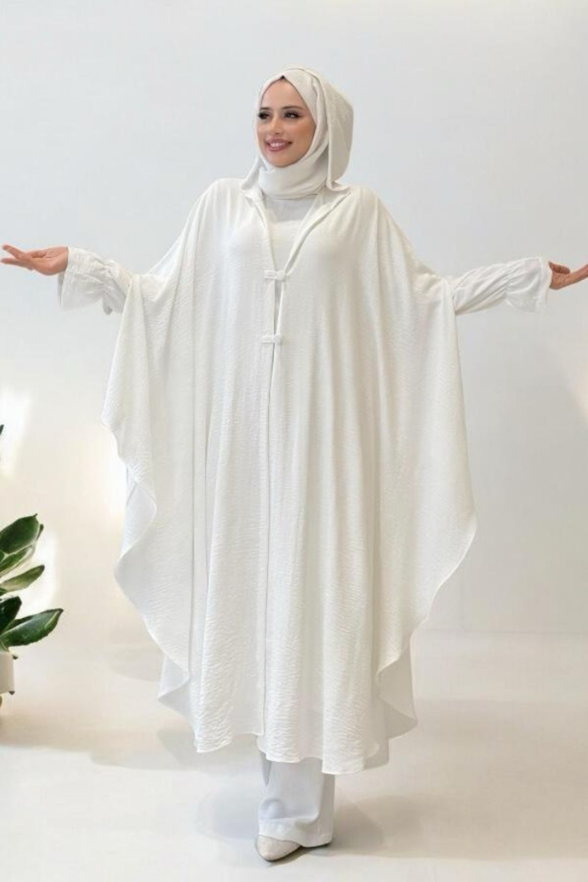 Bym Fashion Tunik, Pantolon ve Abaya Üçlü Takım 8663 Ekru