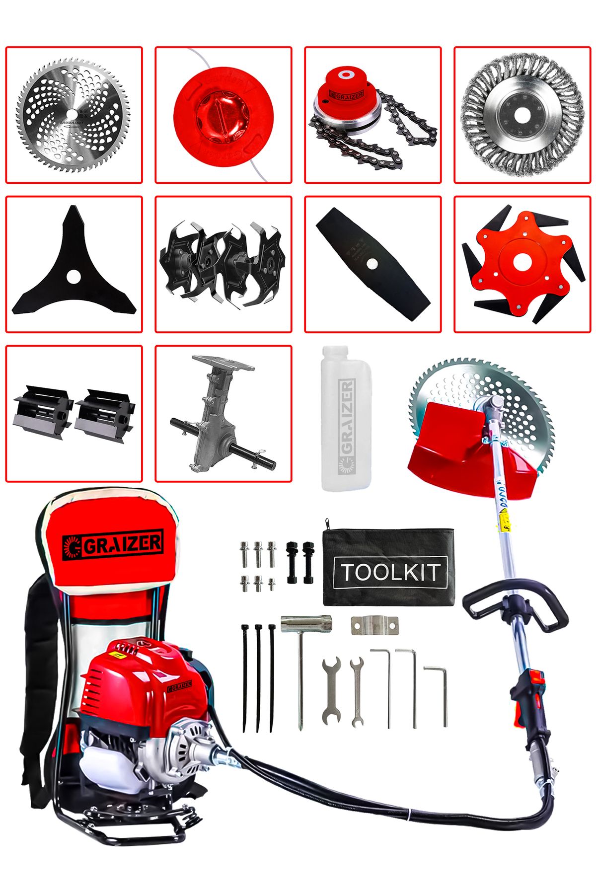 Graizer Powerforge 11 Başlıklı Set Sırt Tipi Benzinli Motorlu Ot Çalı Tırpanı Çim Biçme Makinesi Tırpan-Krmz
