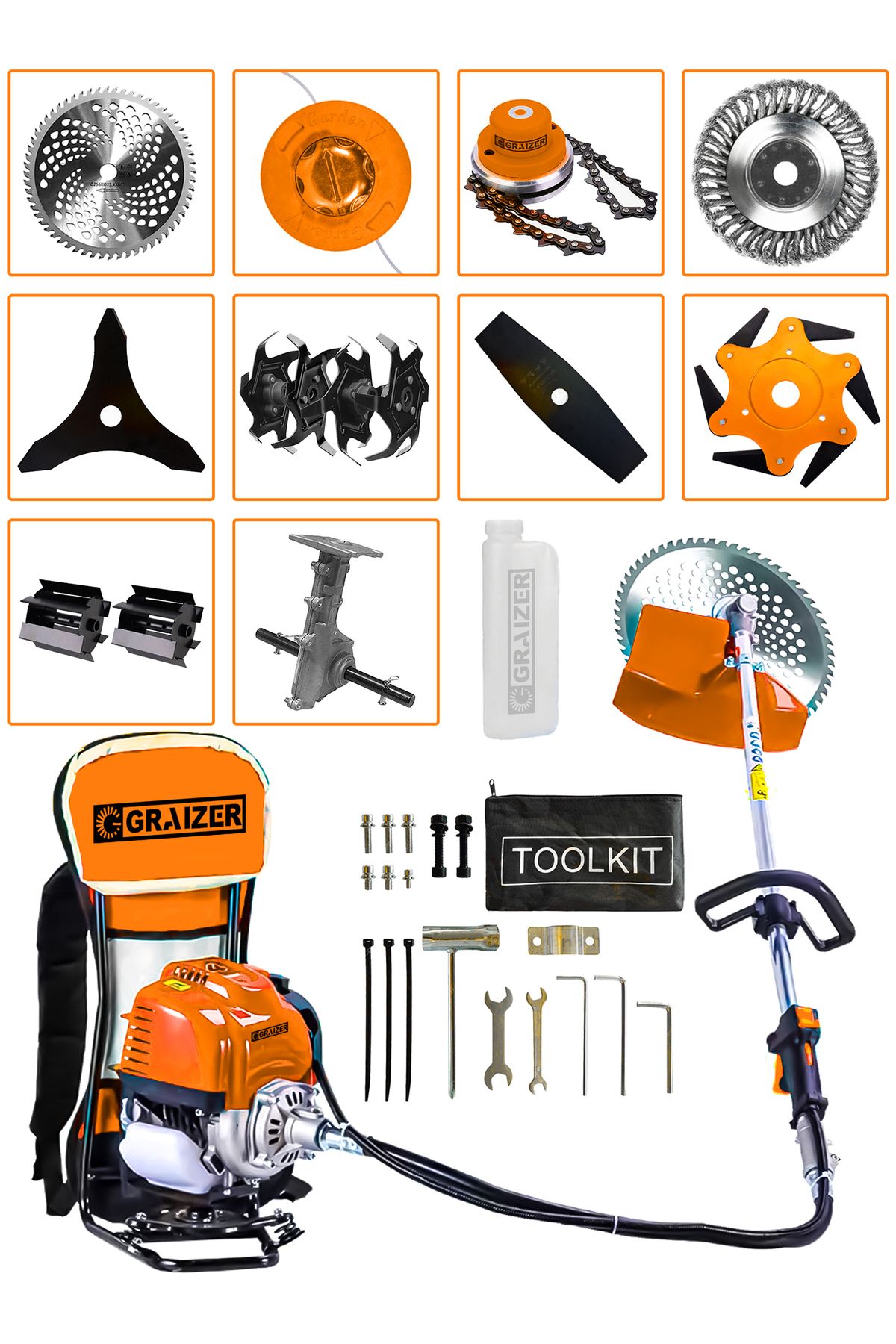 Graizer Powerforge 11 Başlıklı Set Sırt Tipi Benzinli Motorlu Ot Çalı Tırpanı Çim Biçme Makinesi Tırpan-Trnc
